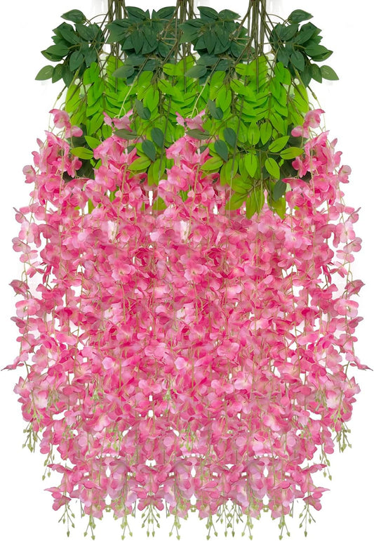 12 Pack Dark Pink Wisteria Hanging Flowers Garland, 3.77 Feet Artificial Flower Vines, Fake Wisteria, Artificial Vines Hanging Garland for Backdrop Outdoor Yard Garden Decor