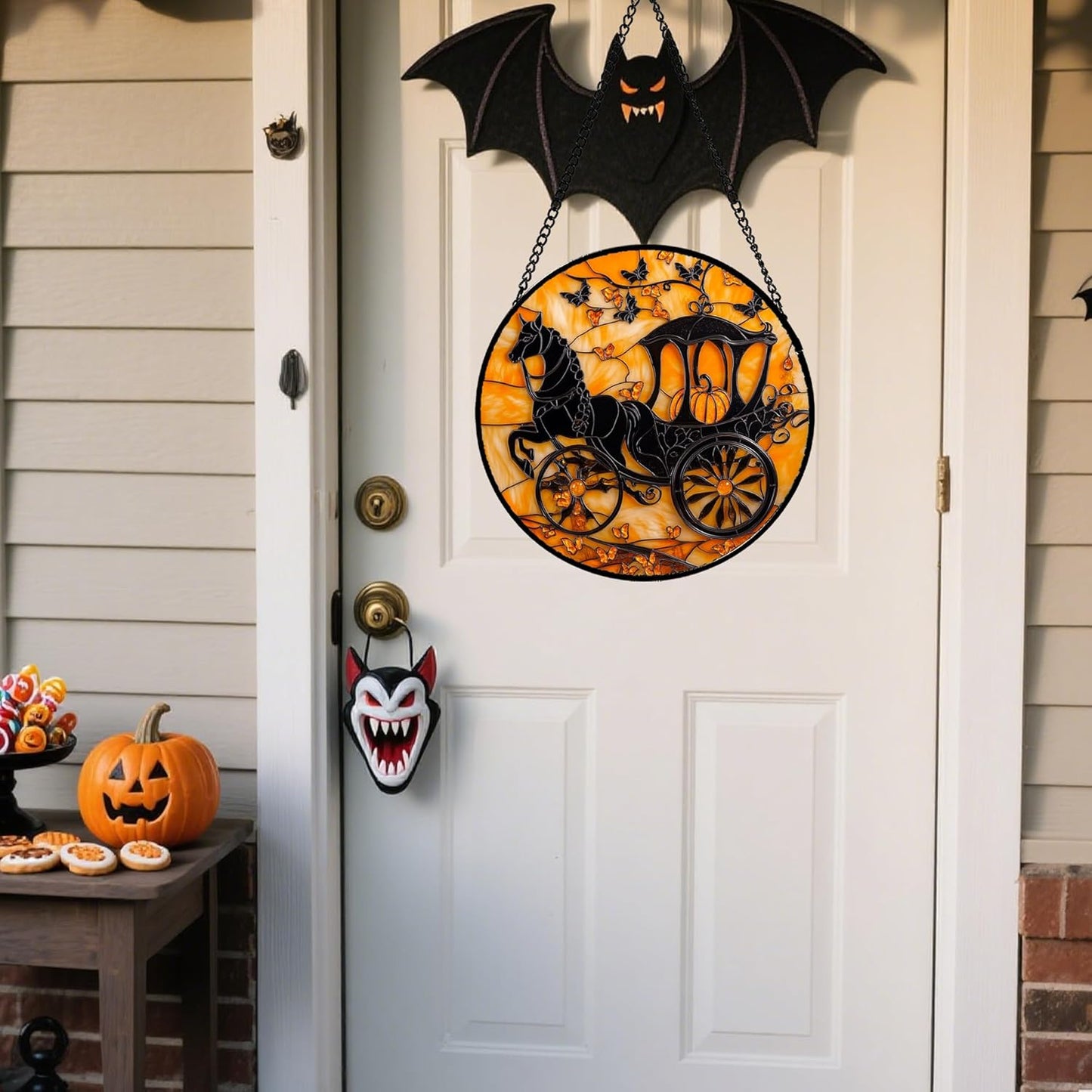 Stained Glass Window Hanging - Halloween Pumpkin Carriage Suncatcher for Doors Window Garden Indoor Spooky Funny Orange Sun Catchers Gothic Decor Horror Gifts for Women Men Friend 15 in