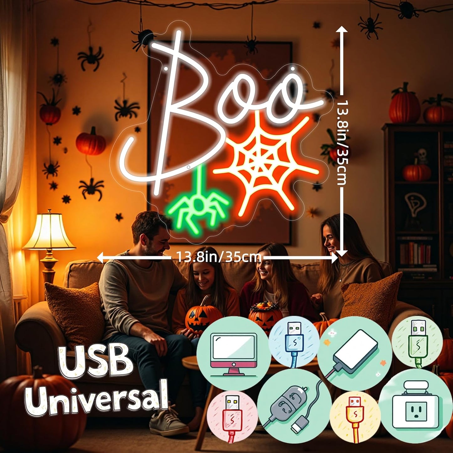 Boo Neon Sign Ghost Neon Light Lets Get Spooky Neon Light Halloween Home Decor Light, Orange White BOO Bat Neon Sign for Trick or Treat Party Backdrop Bedroom Club Bar Festival Gift