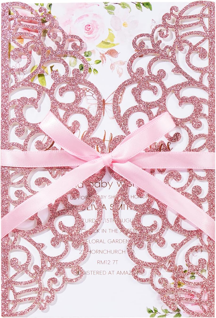 25pcs Glitter Laser Cut Wedding Invitation Kits Pink Personalized Invitation Pockets 5×7 Invitations with Envelopes and RSVP Cards Blank for Wedding Quinceanera Bridal Shower Engagement Birthday Party