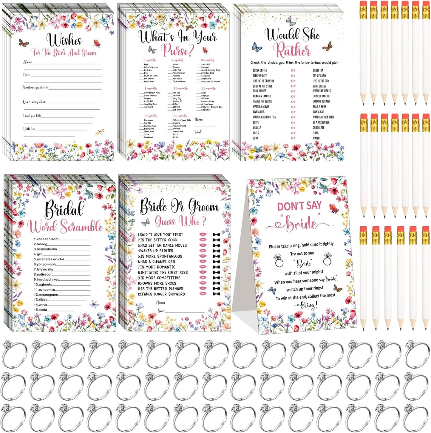 Estune 331 Pcs Bridal Shower Games Supplies, 5 Sets 250 Pcs Wedding Cards 1 Put a Ring on It Bridal Shower Games with 60 Rings and 20 Pencils(Wildflower Style)