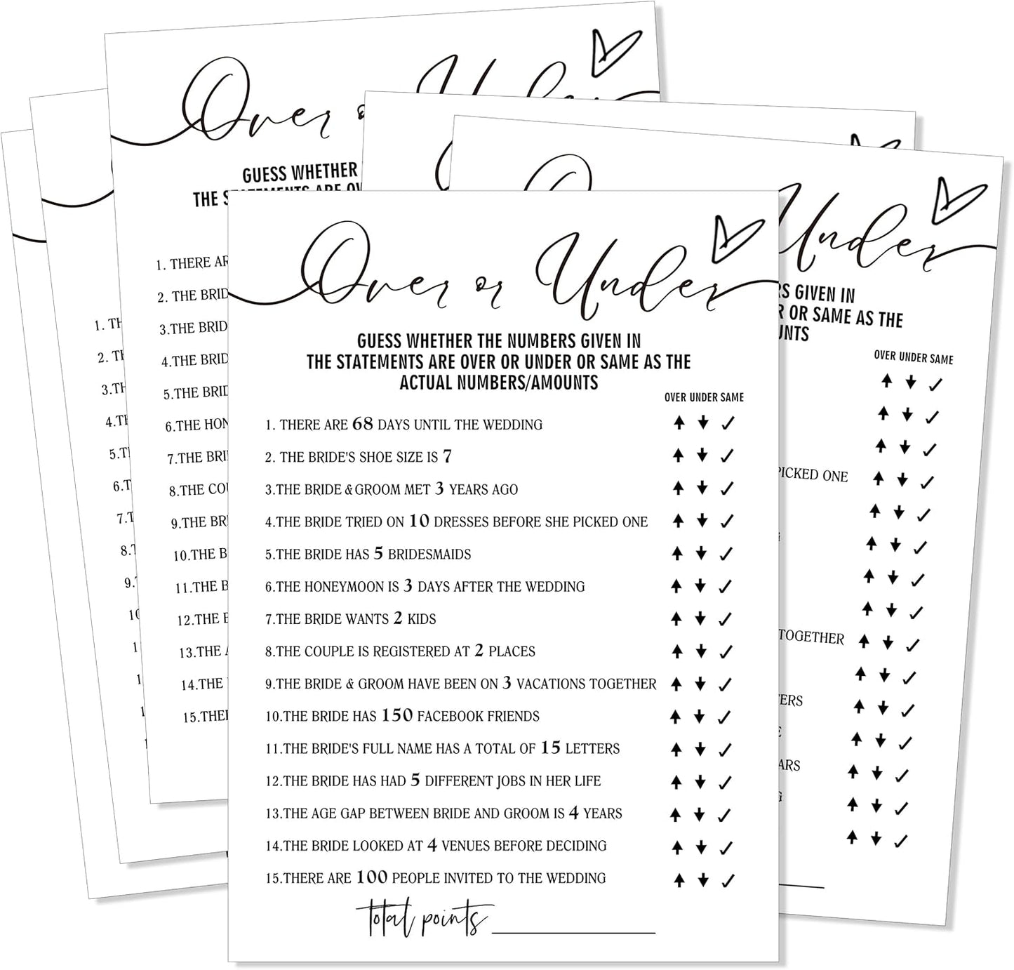 Fun Bridal Shower Games Set 25 Wedding Games Cards, Wedding Game for Reception 25 Guest Cards (5 × 7 Inch), Minimalist White Newlywed Party Supplies - A13