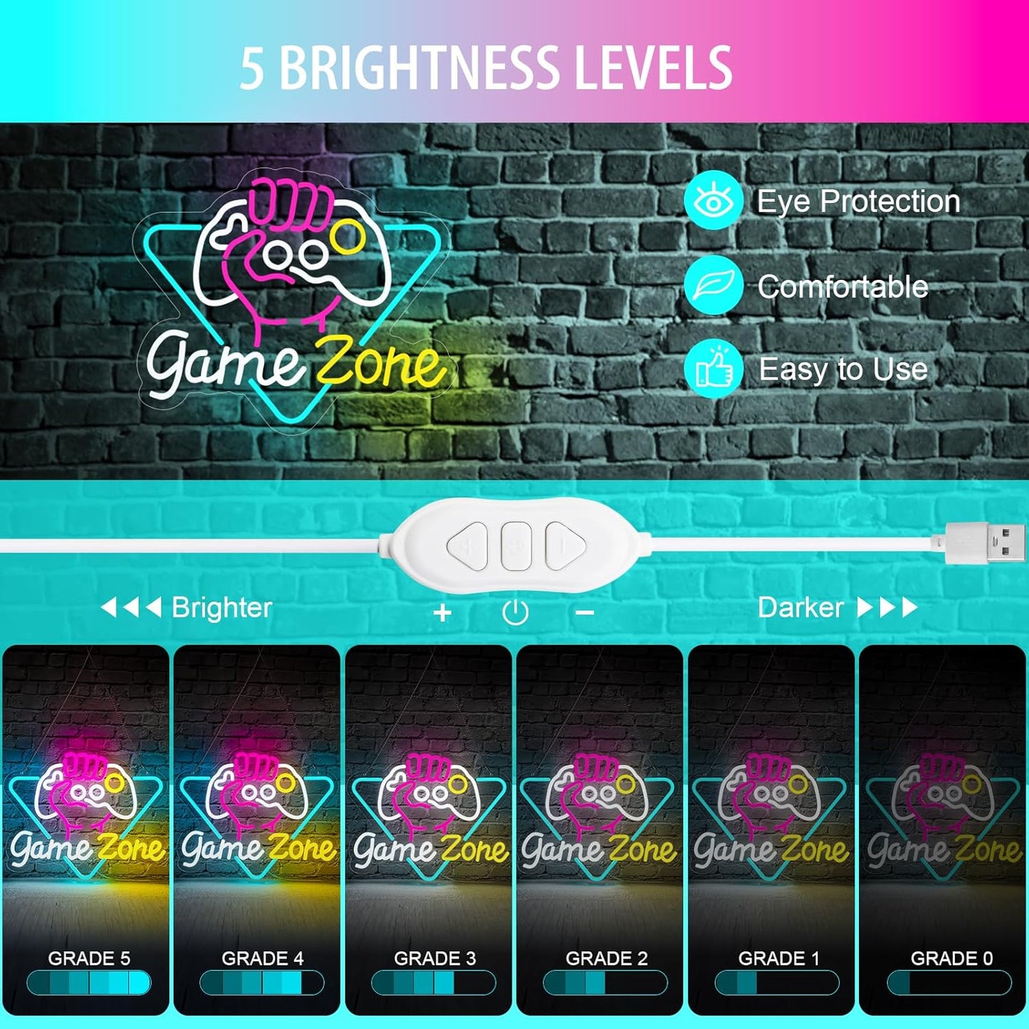 Game Zone Neon Sign Dimmable Gamer Neon Signs Gaming Led Signs for Game Room, USB Powered Colorful Neon Gaming Signs for Boys Room, Teen Room, Gifts for Gamer(15.3”x12.5”)