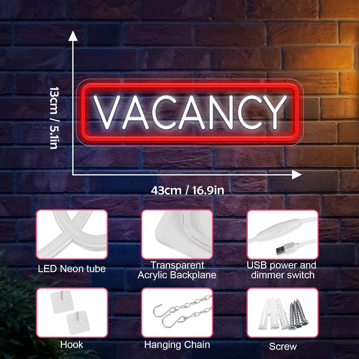 Vacancy Neon Sign, Neon Sign For Business Hotel Hostel Sign Room Vacancy Sign Wall Decor Artled Bar Sign Backdrop Lights Led Business Signs Creative Neon Lights Signs Usb Powered