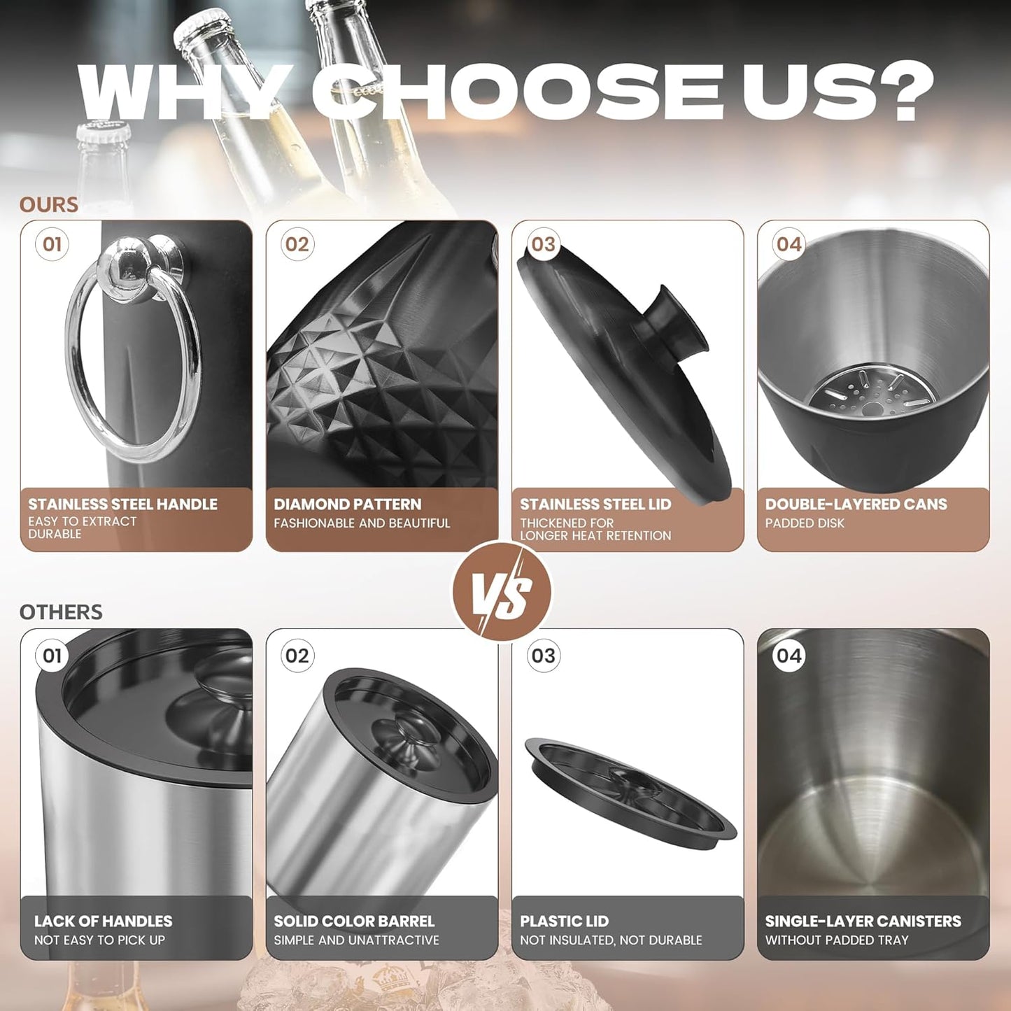 3L Ice Buckets for Parties and Cocktail Bar with Stainless Steel Lid,Tongs & Strainer(Black) Double-Wall Insulated Metal Ice Bucket Keep Ice Frozen Longer for Outdoor Champagne Ice Container Bin