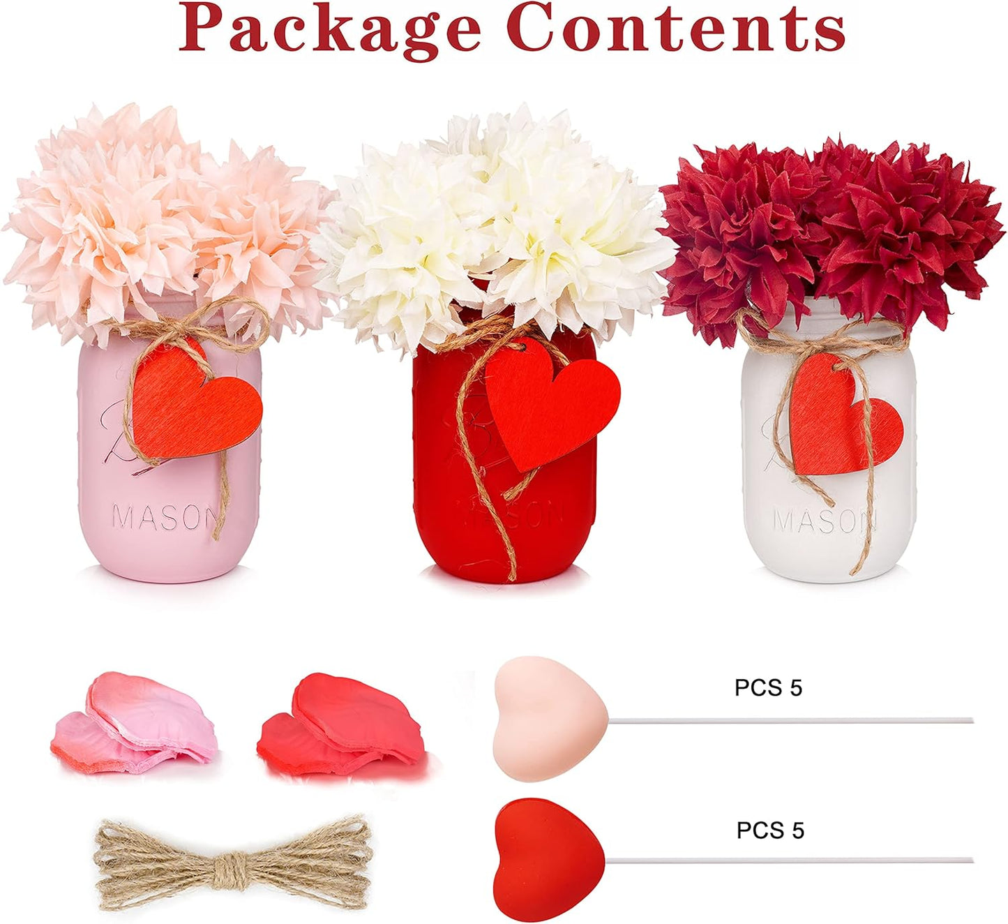 CNVOILA Valentines Table Decorations - 3PC Set with Mason Jars, Centerpiece for Dining Table, Indoor Use