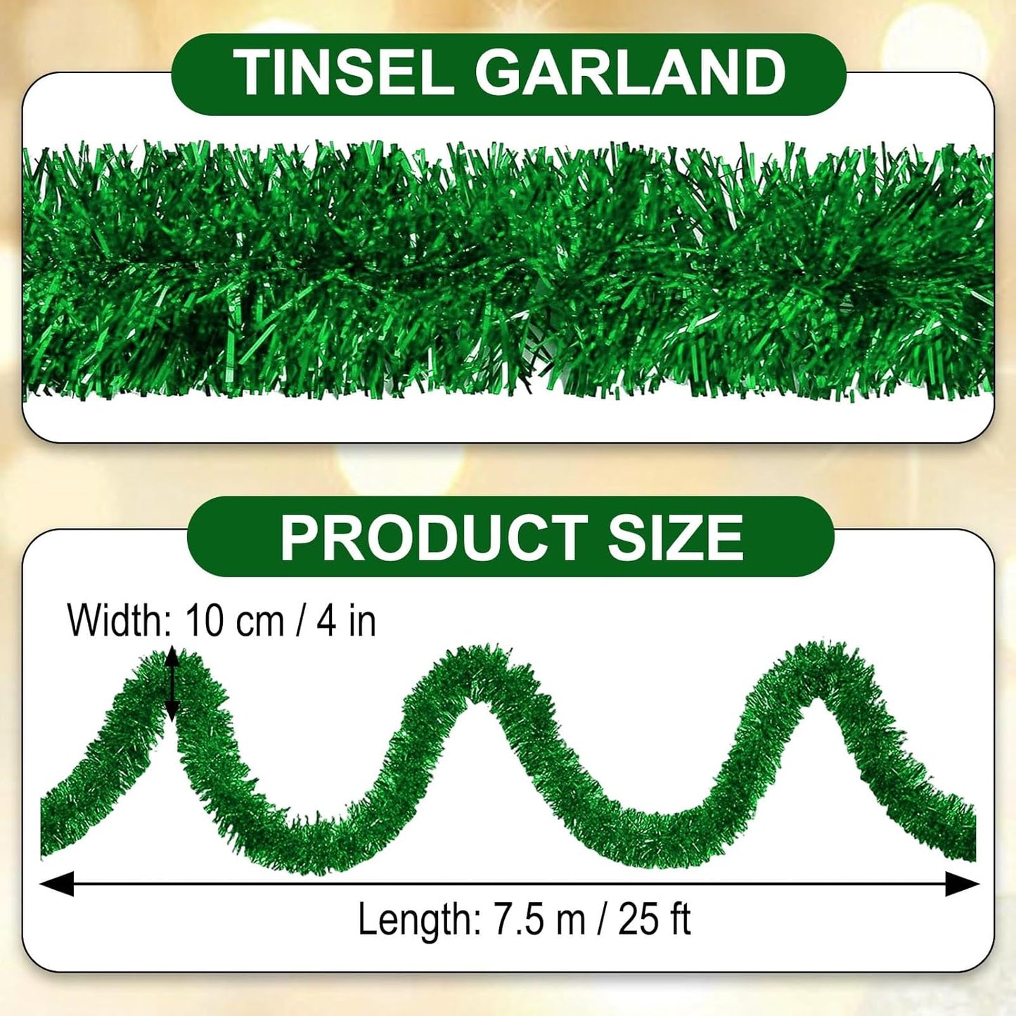 25 Feet Green Christmas Tinsel Garland, Metallic Foil Twist Garland Wall Hanging Tinsel Banner Backdrop for Parade Floats, Easter, Mother's Day, Birthday Party Decorations (4in x 25ft)