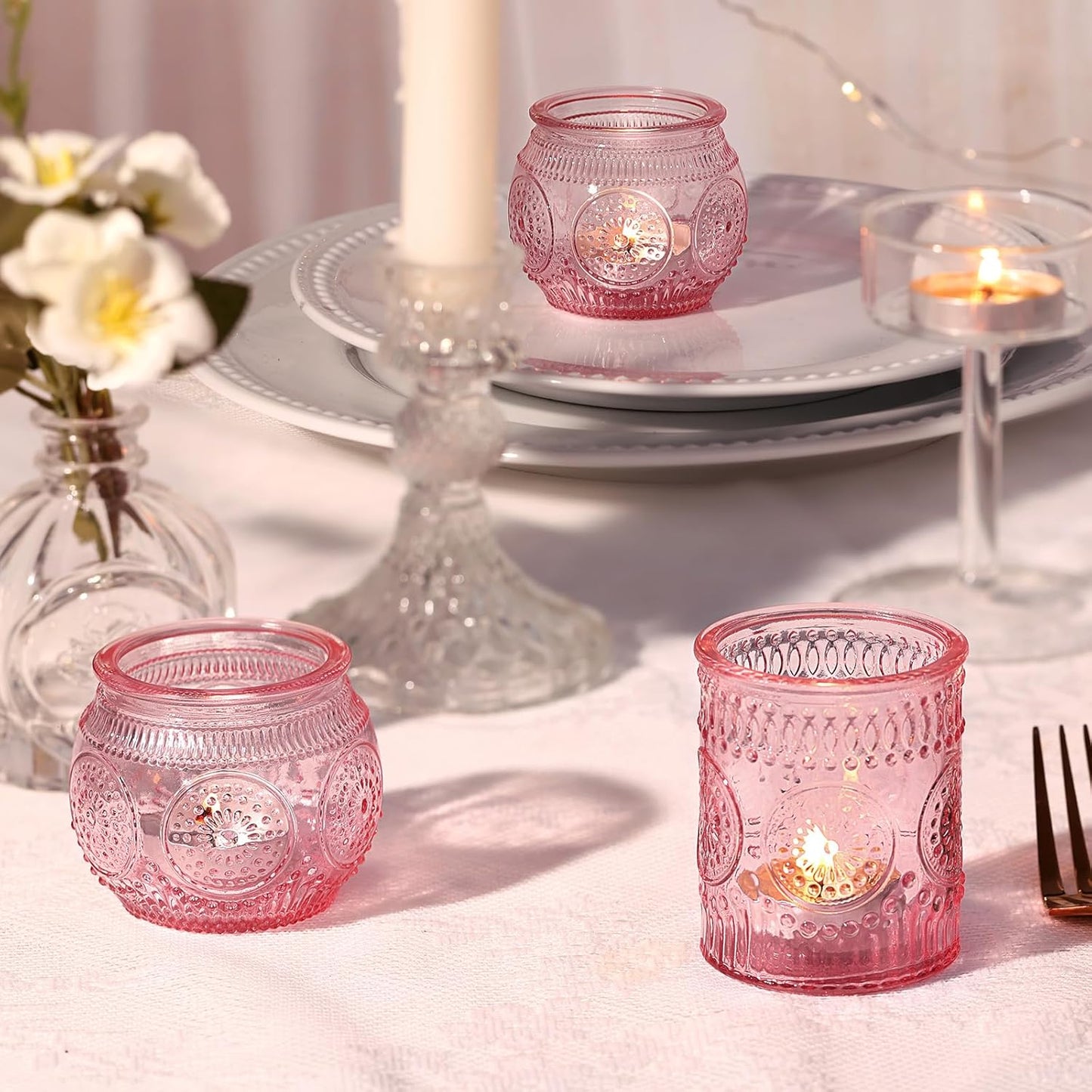 DARJEN 24Pcs Pink Votive Candle Holders- Glass Candle Holders Bulk for Flameless LED Tea Waxes, Romantic Candle Holder for Wedding Decor, Various Parties & Dinner Table