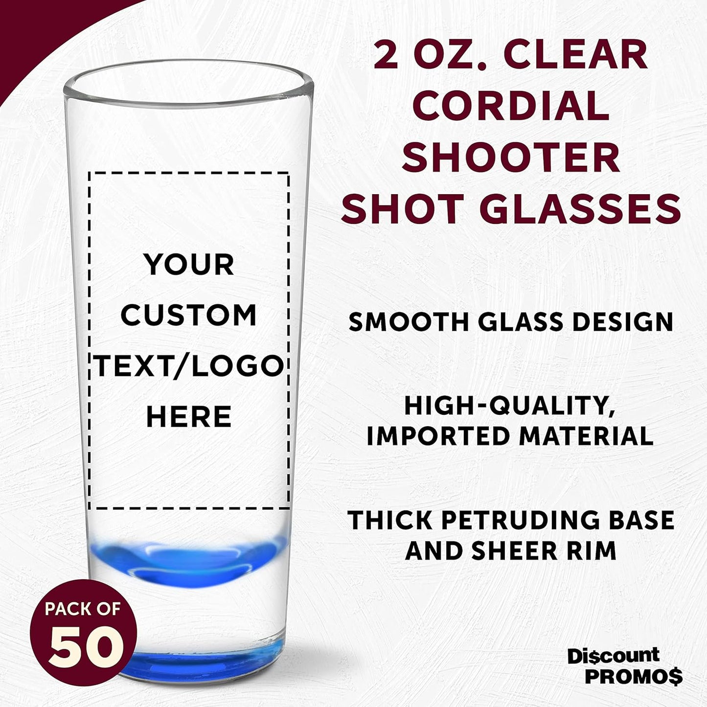 Custom Cordial Shooter Shot Glasses 2 oz. Set of 50, Personalized Bulk Pack - Great for Birthdays, Parties, Indoor & Outdoor Events - Blue