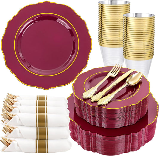 Liacere 350PCS Red Plastic Plates-Disposable Burgundy Red and Gold Plates 50guest Baroque Plastic Dinnerware include 100Plates, 50Pack Pre Rolled Napkins with Silverware 50Cups for Girlfriends' Day