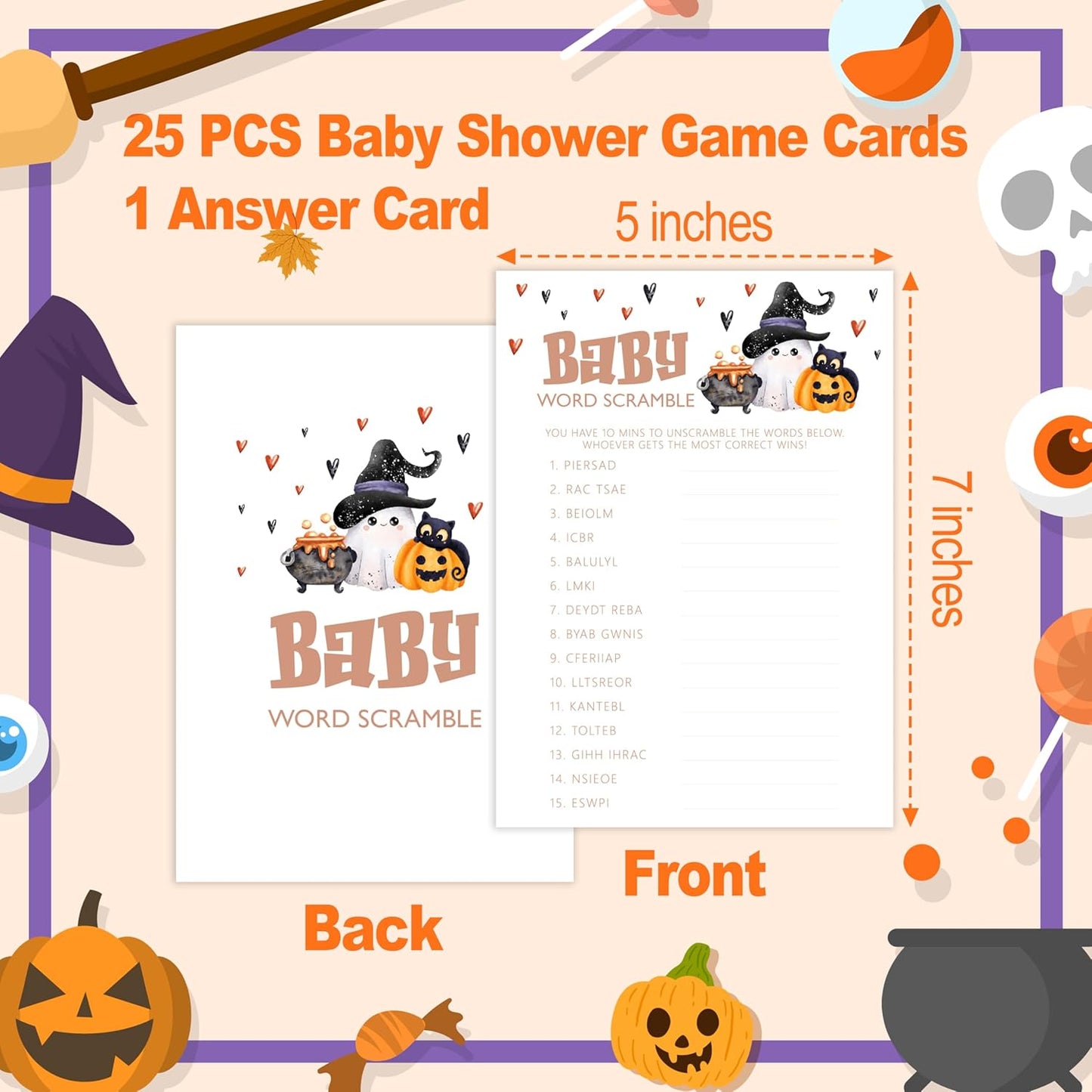 Baby Shower Games, Halloween Baby Word Scramble, 25 Double-Sided Game Cards + 1 Answer Card for Gender Reveal Party Decorations Supplies Announcement - B07