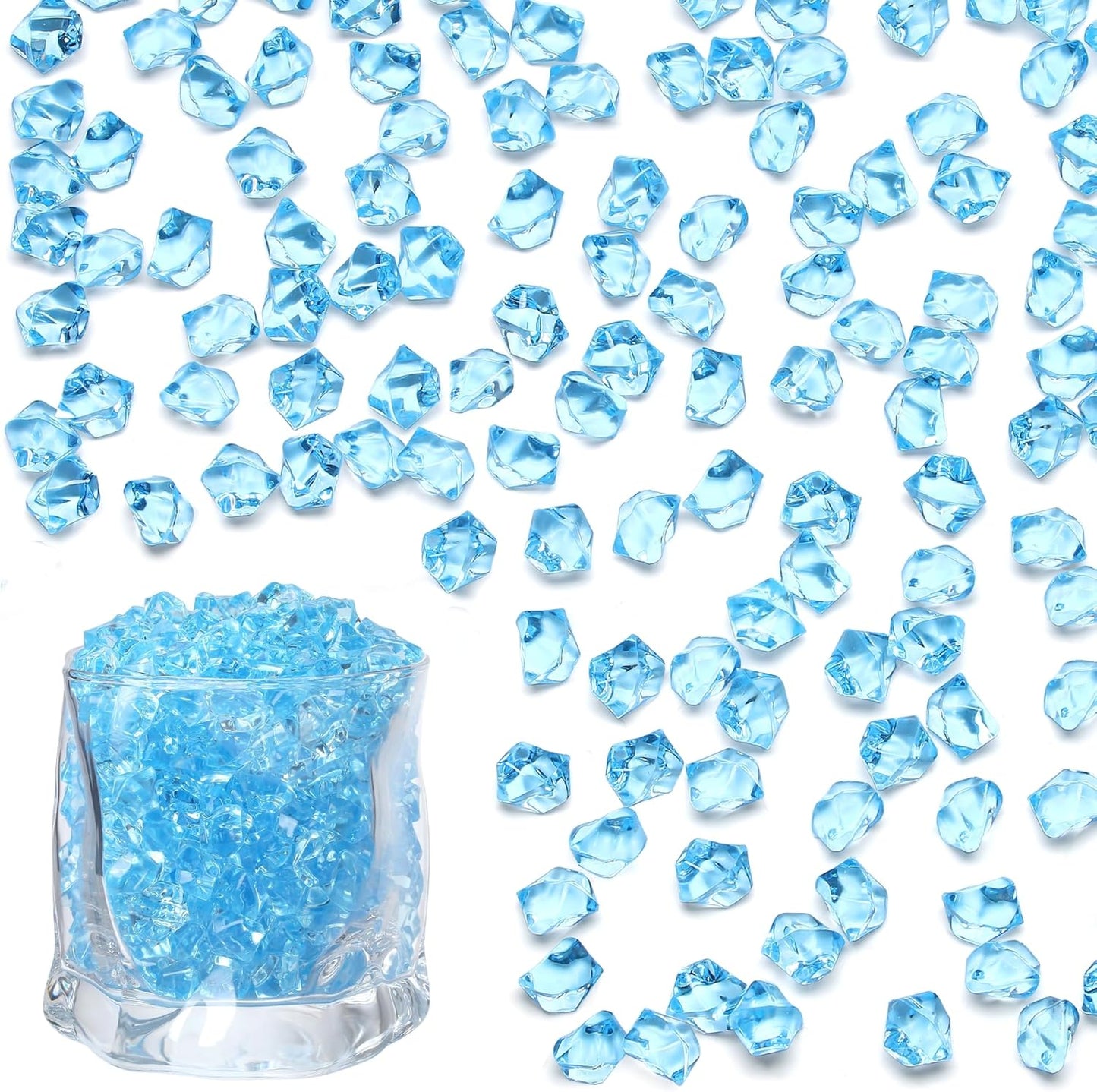 LAIDANLA 500PCS Sky Blue Acrylic Gems Fake Ice Cubes Vase Fillers Blue Plastic Diamonds Fake Crushed Rocks for Centerpiece DIY Party Table Scatter Prop Wedding Decoration Accessories