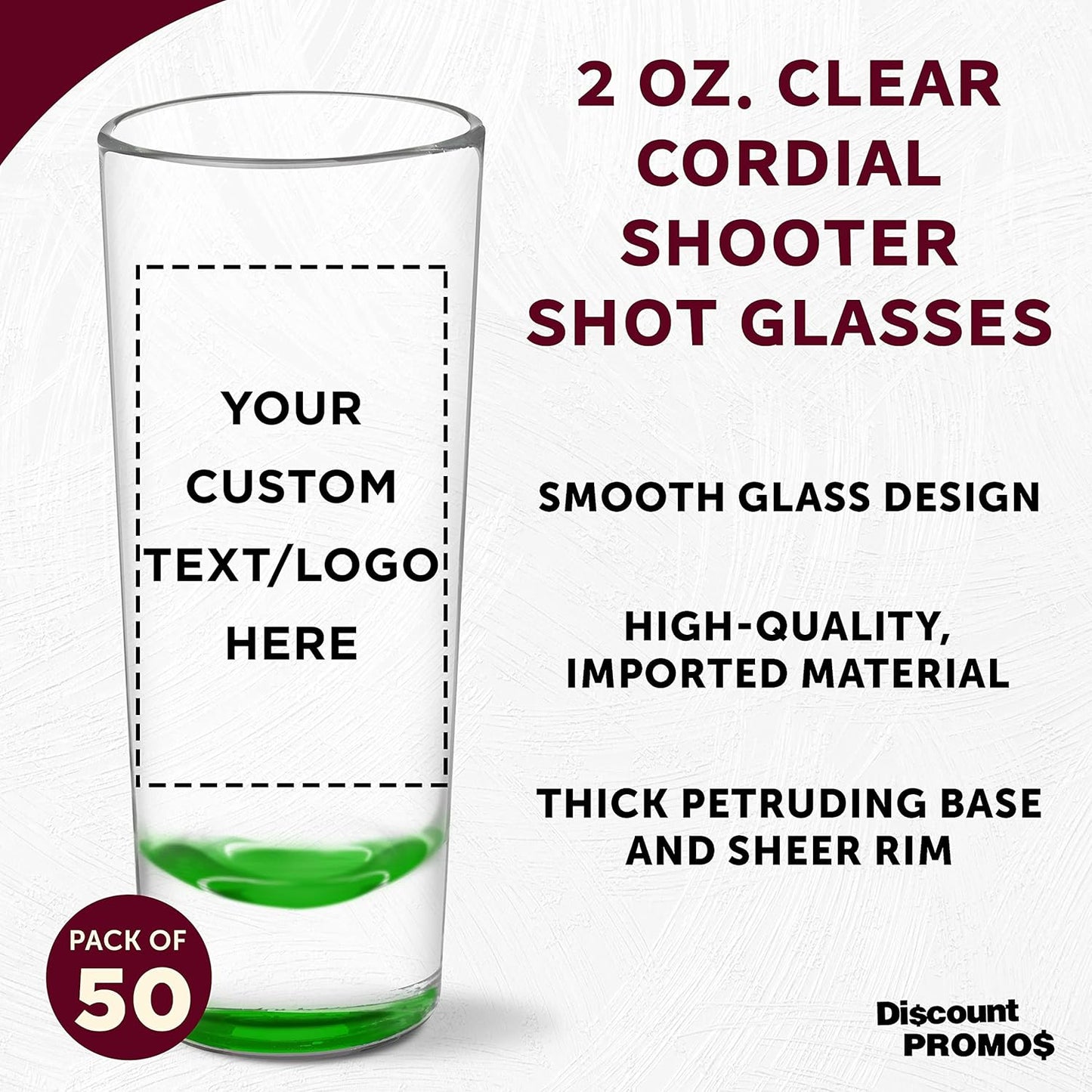 Custom Cordial Shooter Shot Glasses 2 oz. Set of 50, Personalized Bulk Pack - Great for Birthdays, Parties, Indoor & Outdoor Events - Green
