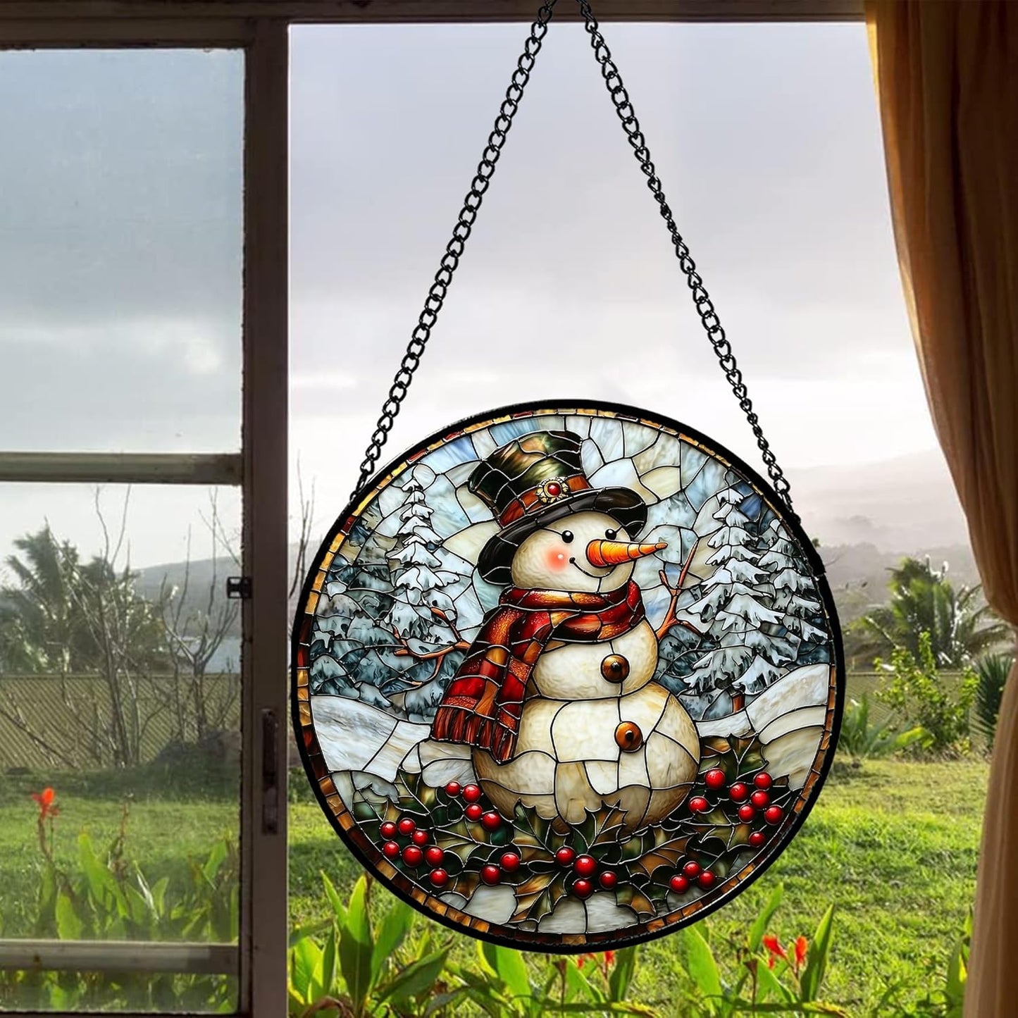 Stained Glass Window Hanging - Christmas Snowman Suncatcher for Door Terrace Garden Home Decor Winter Forest Snow Sun Catcher Birthday Gifts for Lovers Women Men Dad Mom Nana 9.8 in