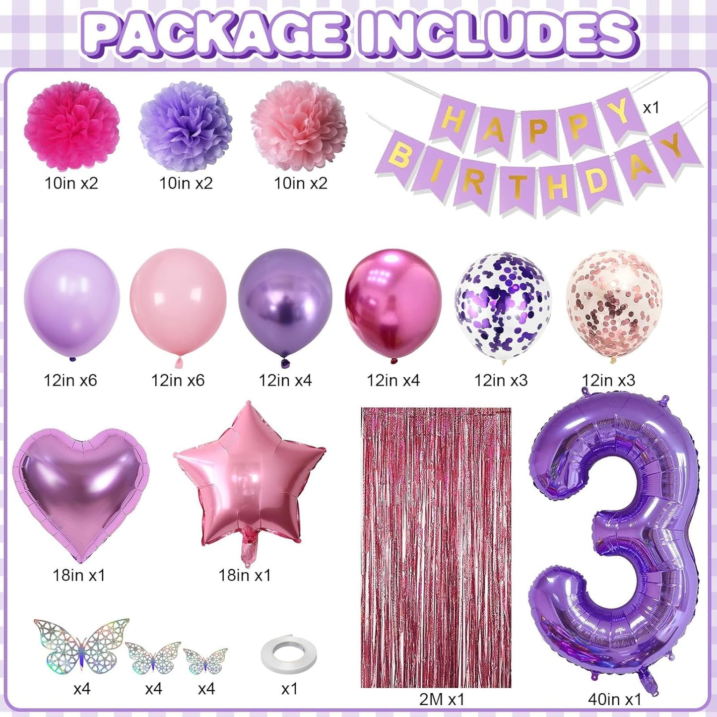 Pink Purple 3rd Birthday Party Decorations for Girls Number 3 Balloon Happy Birthday Banner Butterfly Stickers Fringe Curtain Paper Pom Poms Metallic Hot Pink Star Foil Balloons 3 Year Old Princess