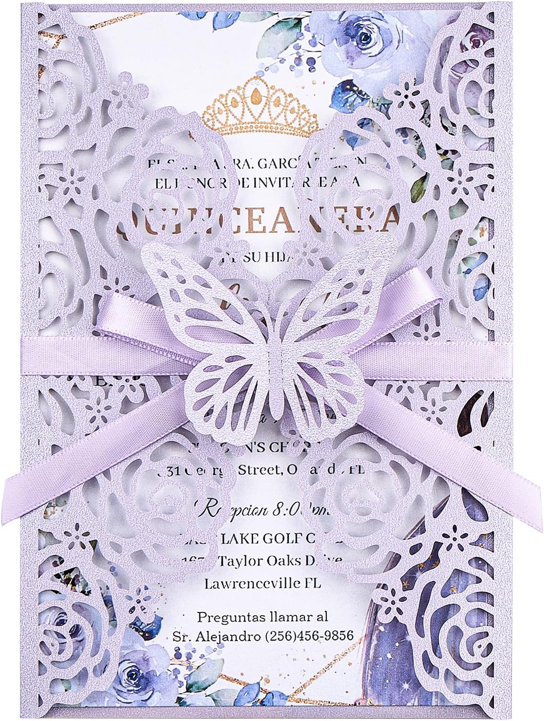 Purple Butterfly Laser Cut Wedding Invitations 50 Set, Hollow Out Rose Shaped Wedding Invites for Bridal Shower Quince Invitaciones Para Boda (Blank Inner Sheet, No Pattern)