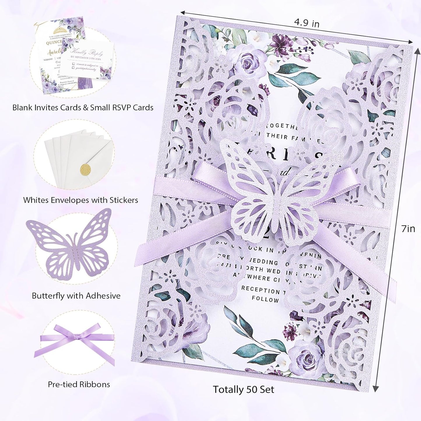 Purple Butterfly Laser Cut Wedding Invitations 50 Set, Hollow Out Rose Shaped Wedding Invites for Bridal Shower Quince Invitaciones Para Boda (Blank Inner Sheet, No Pattern)