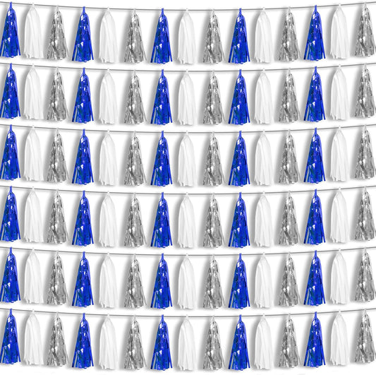 6P Navy-Blue White-Silver Tassel Garland Banner, Tassels Banner Streamers for Parade Floats, Bachelorette, Wedding, Birthday, Graduation, Christmas, Bridal/Baby Shower Party Decorations