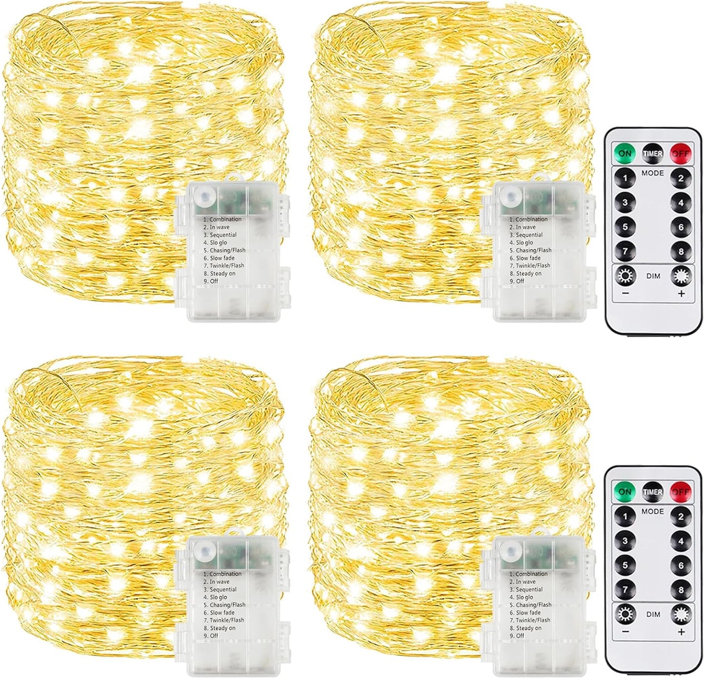 4 Pack Each 33FT 100LED Fairy Lights Battery Operated with Remote, Waterproof Twinkle Lights with Timer, Cuttable String Light Indoor & Outdoor for Bedroom Classroom Wedding DIY Christmas (Warm White)