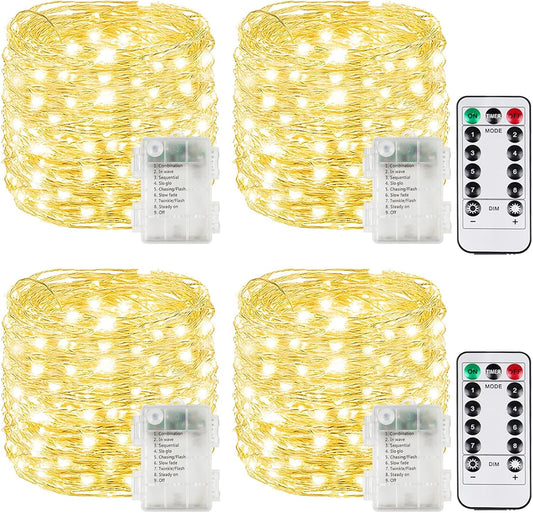 4 Pack Each 33FT 100LED Fairy Lights Battery Operated with Remote, Waterproof Twinkle Lights with Timer, Cuttable String Light Indoor & Outdoor for Bedroom Classroom Wedding DIY Christmas (Warm White)