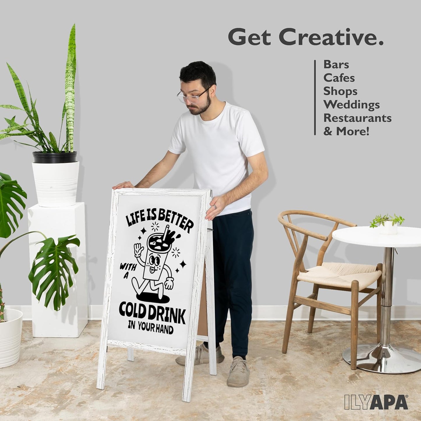 Ilyapa Wooden A Frame Whiteboard Sign - Magnetic Dry Erase Sidewalk Menu Board - Sturdy Freestanding Sandwich Board Signs Outdoor Menu Display for Restaurant, Business, Trade Show - 40 x 20 Inch