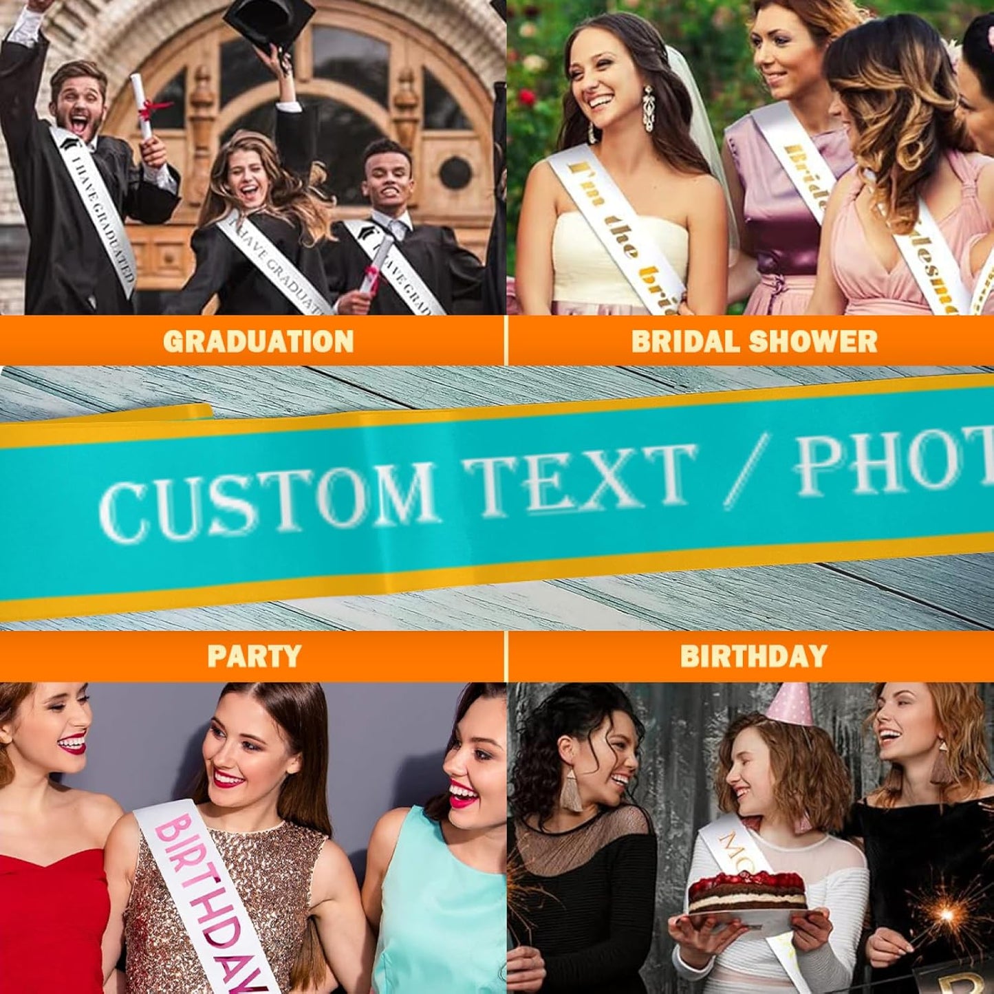 Custom Sash,Personalized Birthday Sash with Text Photo,Customized Bachelorette Sash Quote Sash Bride to Be Sash Color Optional (With decorative edge, Light Green)
