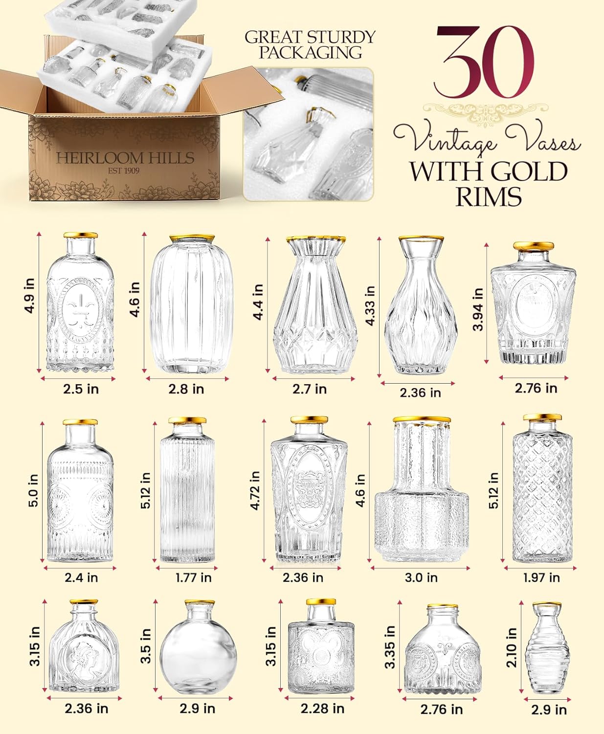 Premium Heirloom Hills Bud Vases for Home Decor, Crystal Clear Glass Flower Vase Set of 30 with Hand-Painted Gold Rims, Small Vases for Centerpieces and Wedding Decorations (Clear, Set of 30)