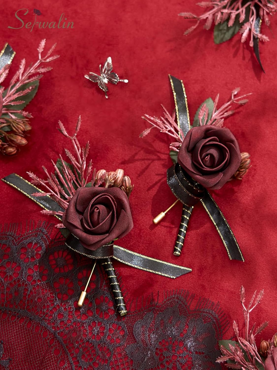 Serwalin 10Pcs Boutonniere for Men, Burgundy Groom and Best Man Boutonniere, Artificial Flowers for Wedding Decor Prom Homecoming Ceremony Anniversary Formal Dinner Party