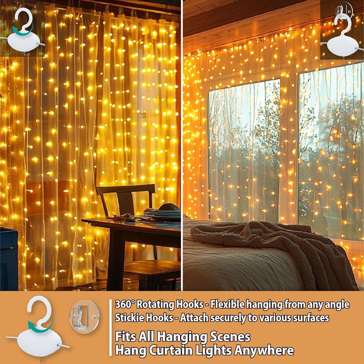 HXWEIYE 300LED Fairy Curtain Lights, 9.8x9.8Ft USB Plug-in 8 Modes Christmas String Hanging Lights with Remote for Bedroom Backdrop Wedding Party Indoor Wall Decor, Warm White