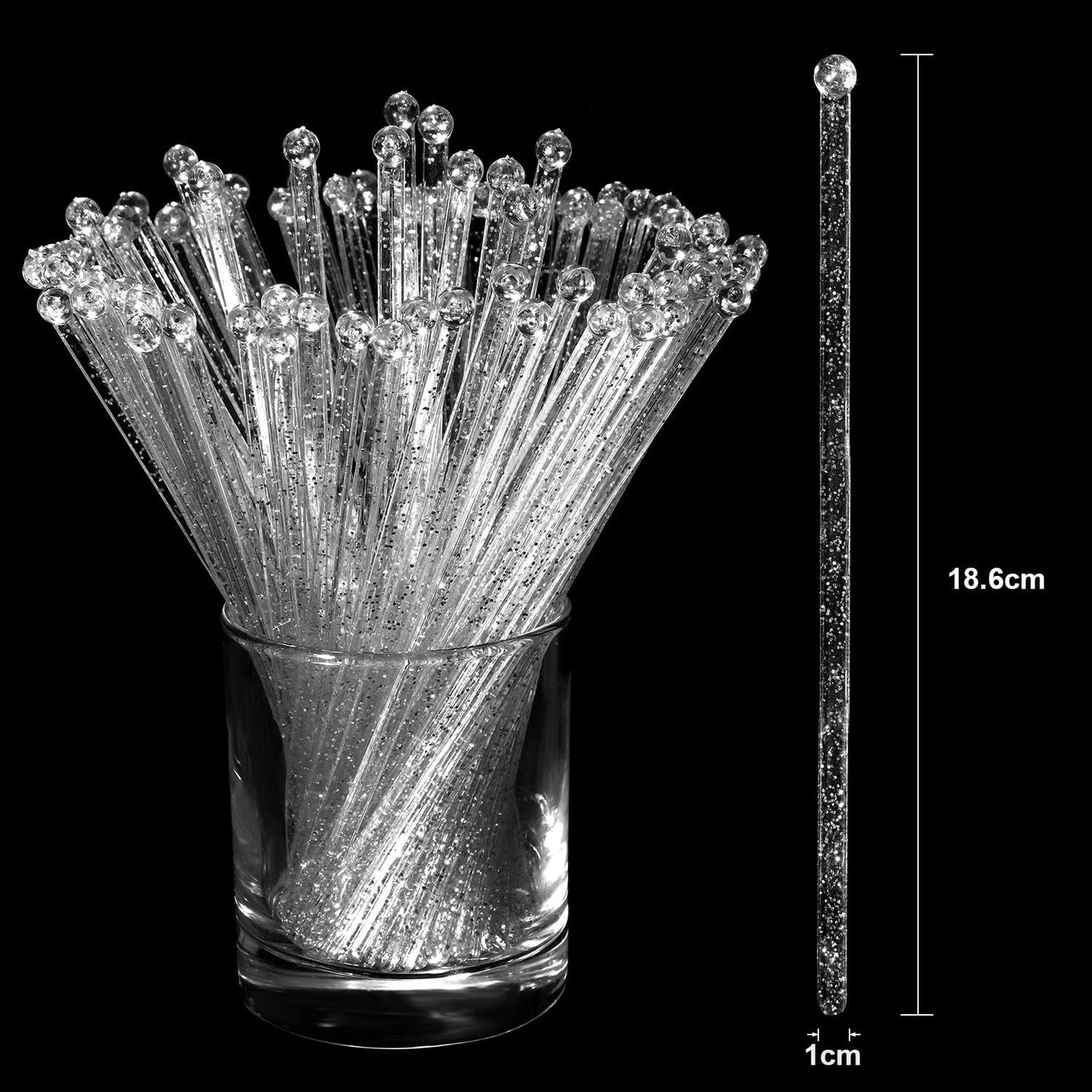 100 Pieces Disposible Plastic Round Top Crystal Swizzle Sticks (Silver)
