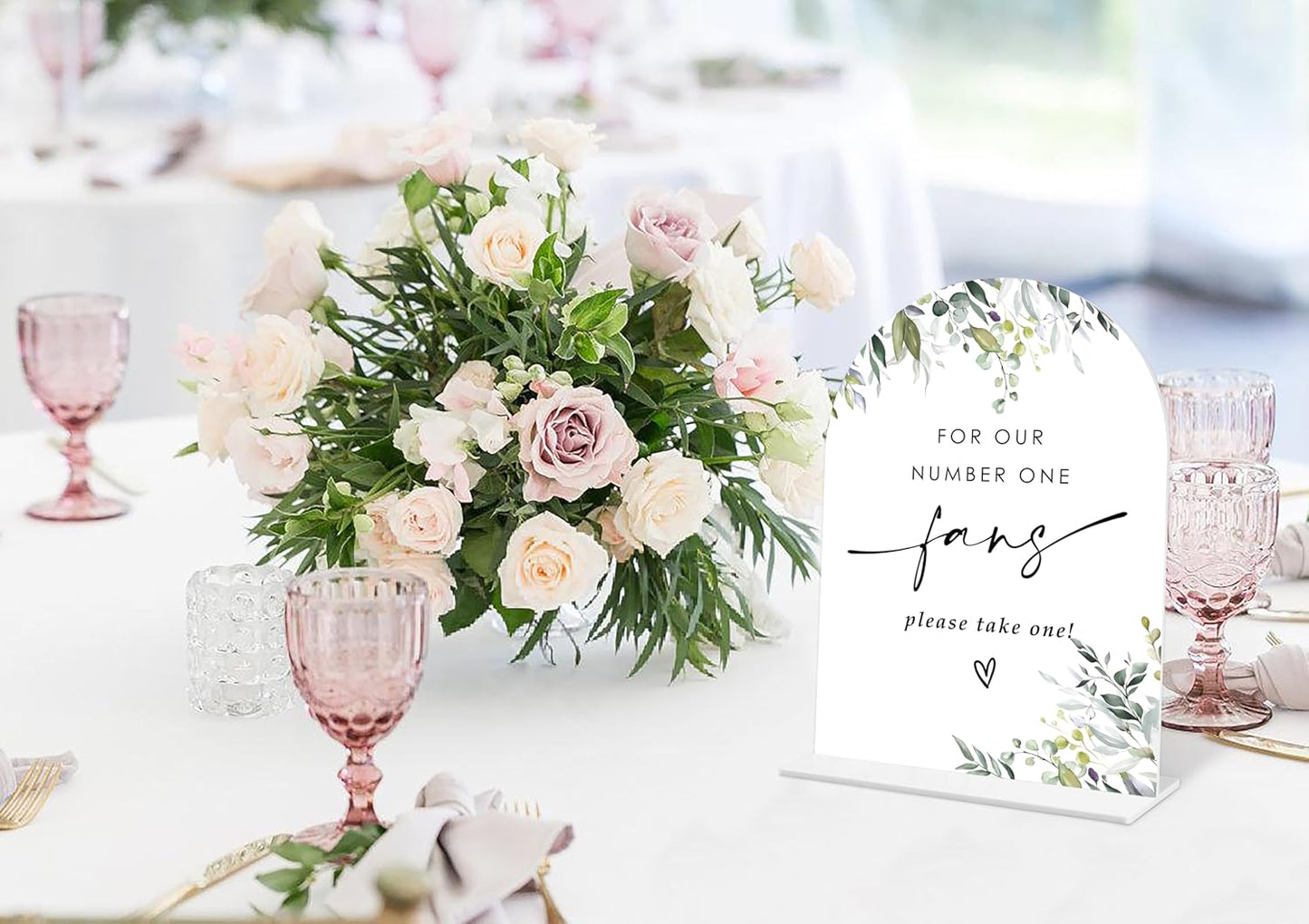 Greenery Wedding Fan Sign, 6 x 8 Inch White Arch Acrylic Wedding Sign with Holder, Wedding Sign for Ceremony and Reception, Wedding Decoration, Wedding Supplies - LY23