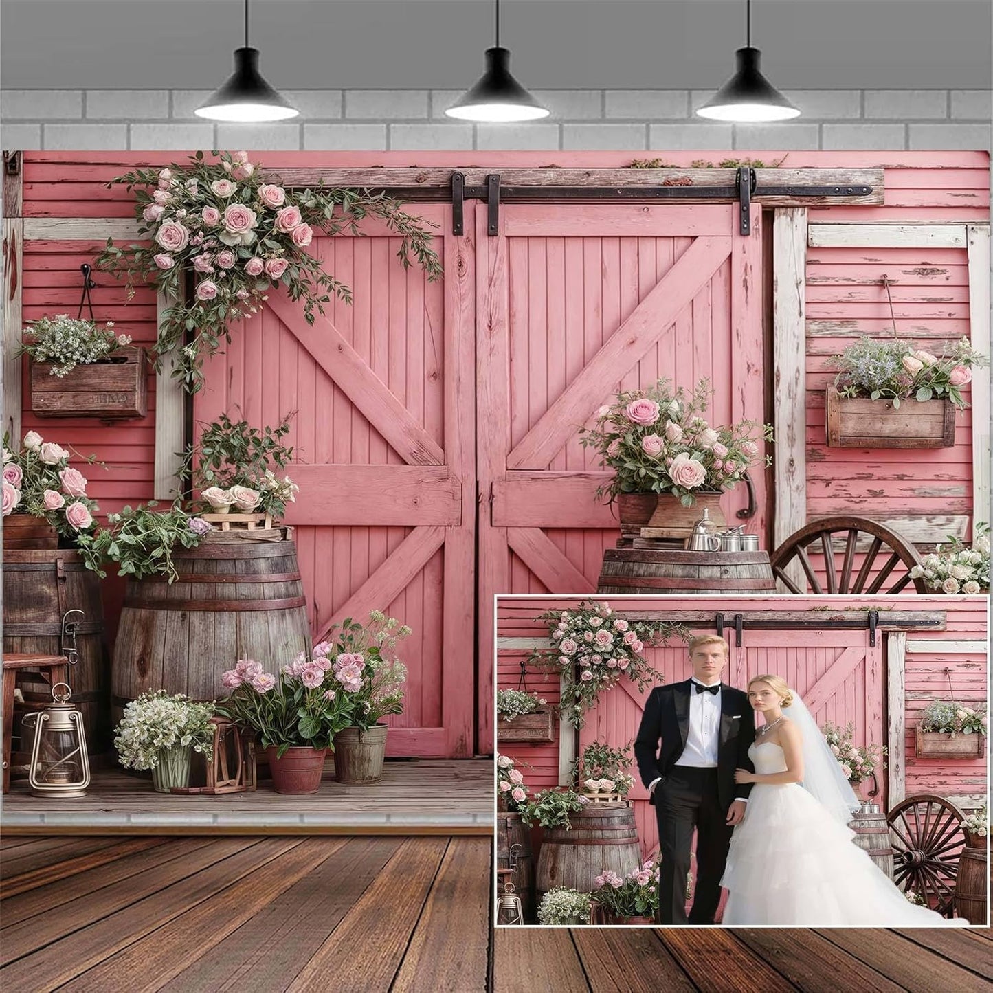 7x5ft Country Wedding Pink Photography Backdrop Rustic Wooden Barn Door Photography Backdrop Farmhouse Flower Western Girl Birthday Baby Shower Wedding Bridal Party Banner Photo Booth Props Background