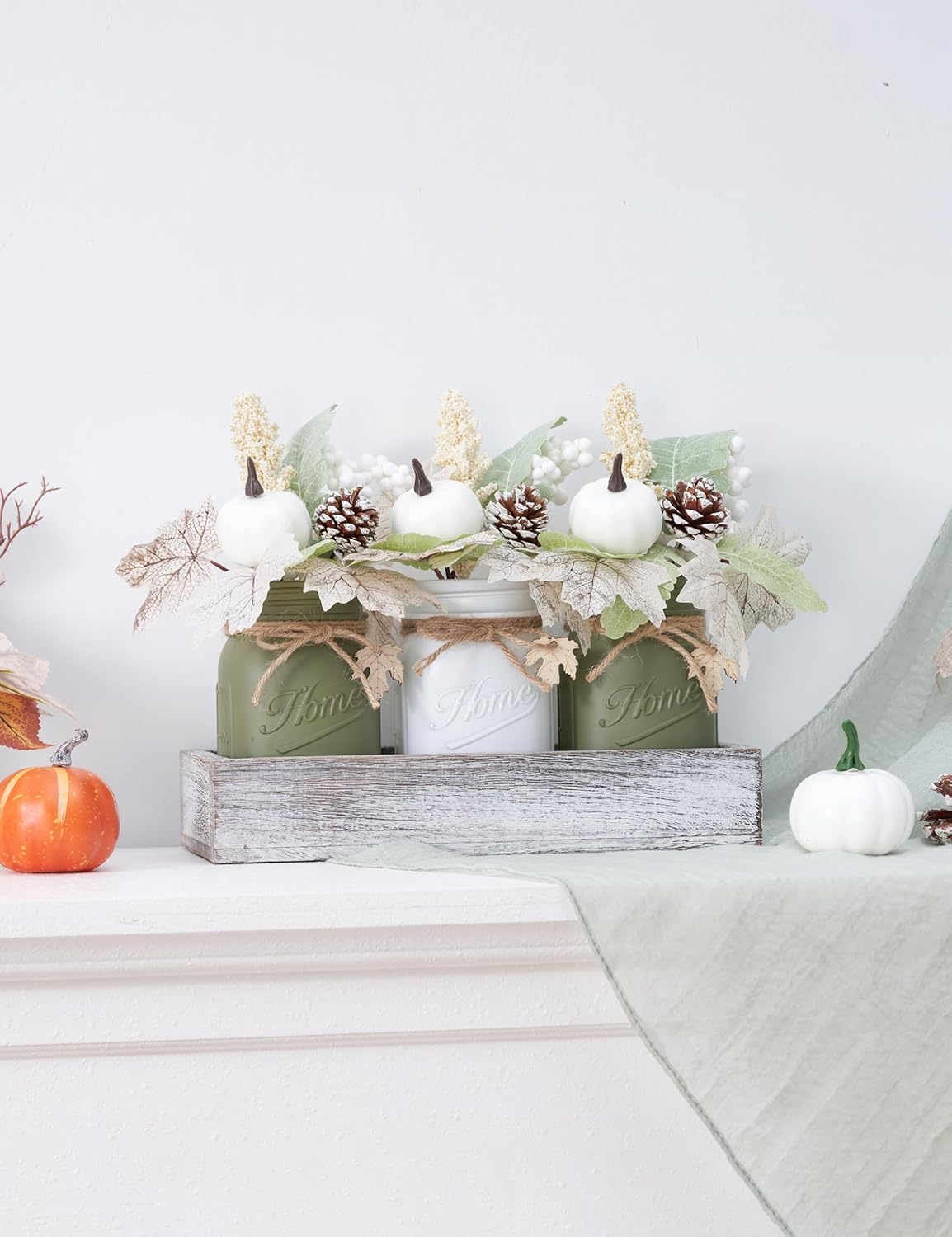 Fall Thanksgiving Table Decor, Centerpieces for Tables with Mason Jar, Fake Flowers, Wood Tray, 16 Pcs Pumpkin Fall Thanksgiving Centerpieces Table Decorations for Home, Farmhouse Kitchen Decor