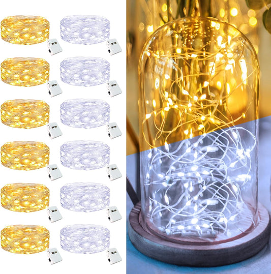 12 Pack Fairy Lights Battery Operated - 7ft 20 Led Twinkle Lights 3 Modes, Bulk Mini String Lights Waterproof for Mason Jars Vases DIY Party Wedding -Warm White & Cold White