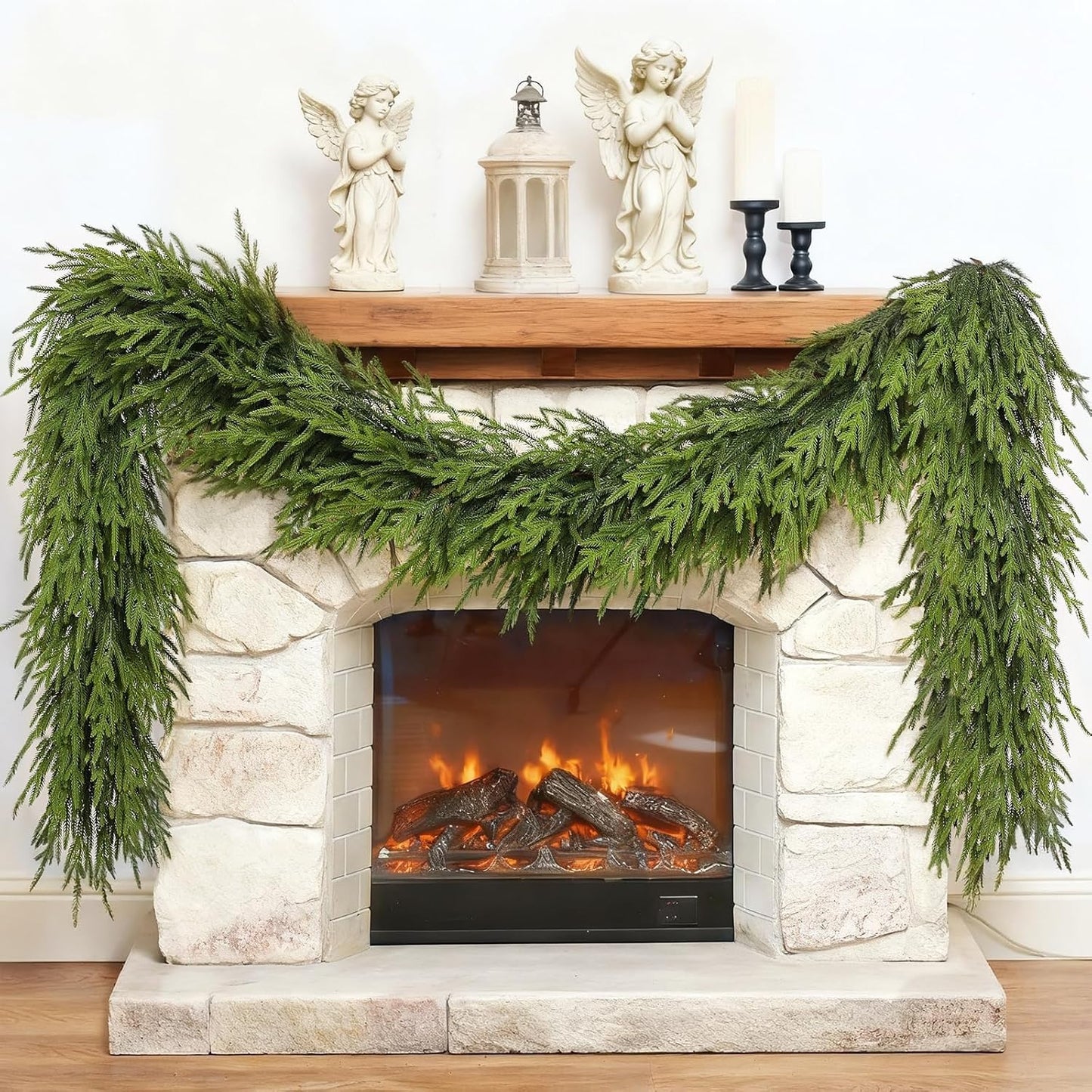 16FT Christmas Artificial Norfolk Pine Garland for Fireplace - Realistic Faux Greenery Fake Garland for Holiday,Table, Window,Mantel,Stairs, Home,Indoor Outdoor Decor (1PCS)