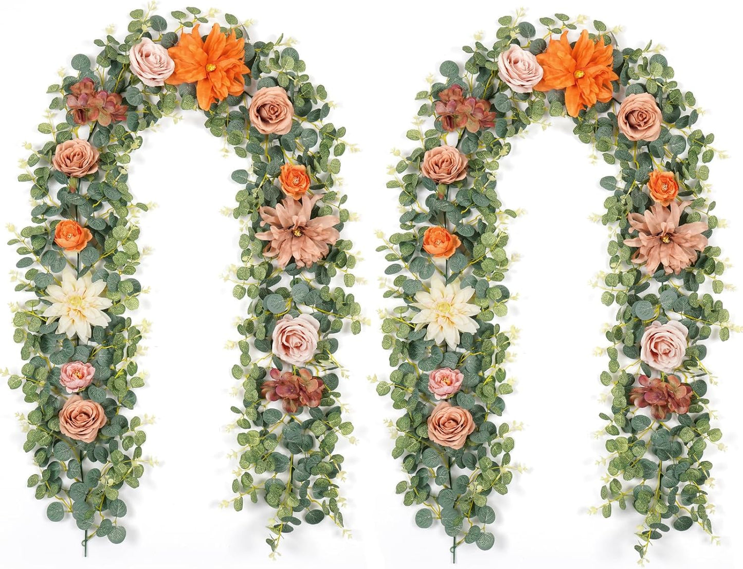 Waipfaru 2Pcs Fall Garland Decor, 6.07Ft Eucalyptus Flower for Table, Fall Floral With Terracotta Flowers for Wedding Arch Backdrop Wall Thanksgiving Decorations (Terracotta)