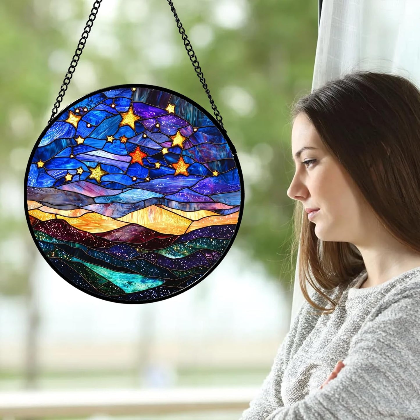 Stained Glass Window Hanging, Blue Sky Gold Stars Abstract Landscape Suncatcher for Doors Window Home Sun Catchers Decor Mother's Day Birthday Gifts for Women, Men Mom 6.3 in