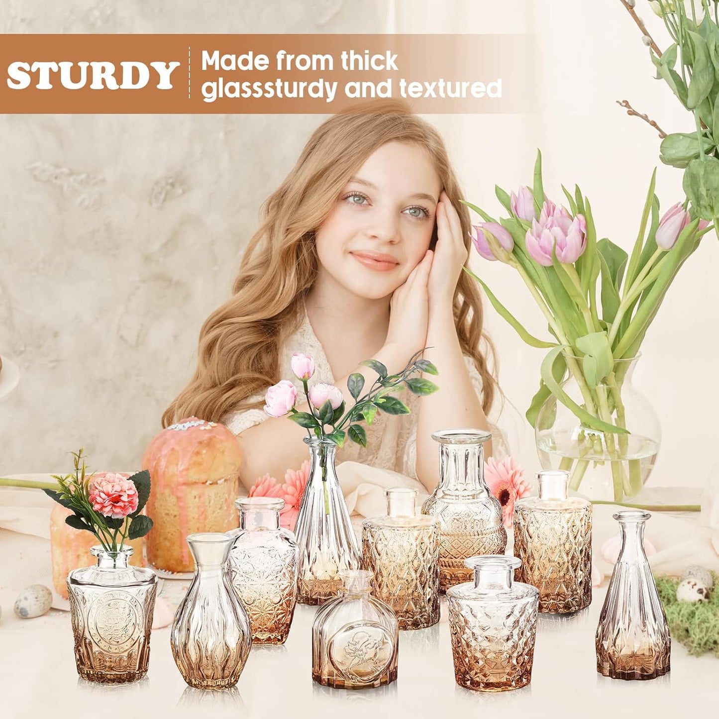 20 Pcs Glass Bud Vase Set Small Vintage Flower Vase in Bulk for Centerpieces Rustic Decorative Glass for Wedding Table Home Christmas Decoration (Amber)