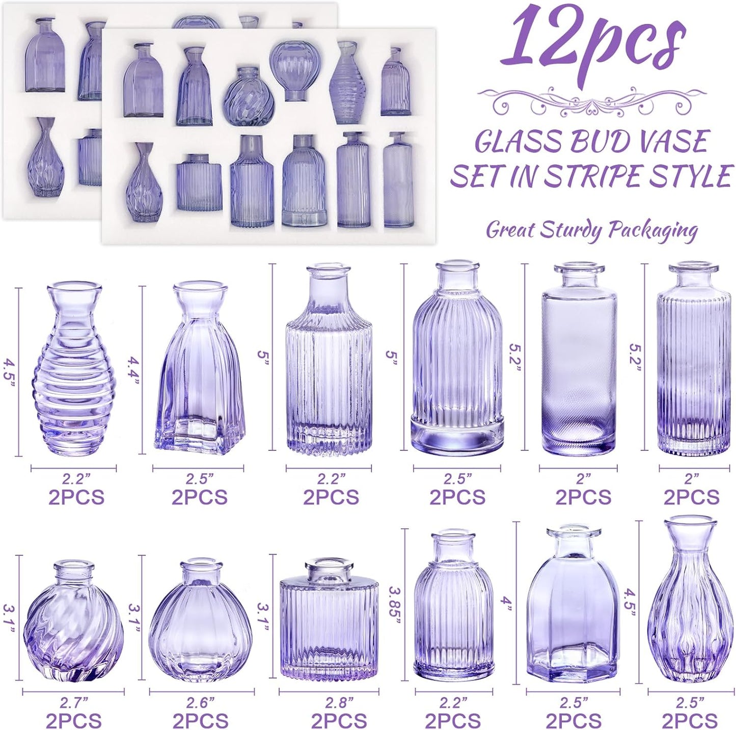 Glass Bud Vases 24 in Bulk, Small Purple Vase Glass Vases for Flowers Modern Ribbed Colored Bud Vase for Decor Wedding Flower Vase in Bulk Vintage Decor Bridal Shower Centerpieces Home Decoration