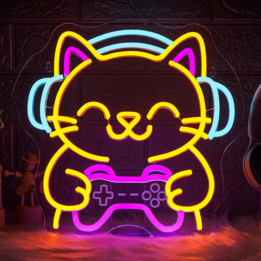 Ineonlife Game Cat Neon Sign for Wall Decor Light Up Cute Animal Led Signs for game room Acrylic Art Decor for home bar bedroom cafe man cave Decorations 12.99x12.6 inch USB POWER