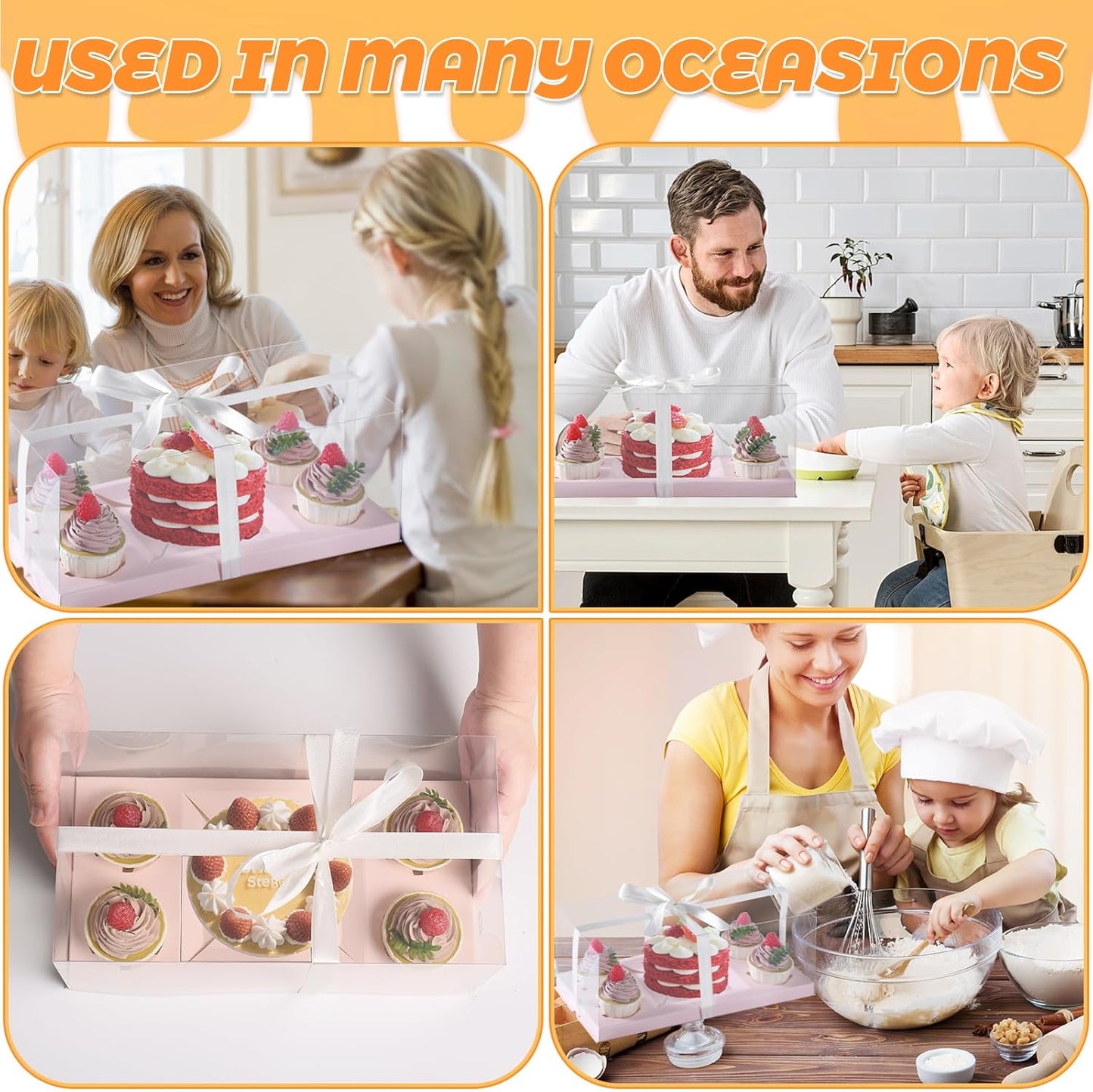 JCD 3Pcs Pink 1+4 Bento Box with Clear Window Bento Cake Boxes Combo Fit 4 Cupcake and 1 Mini Cake for Valentine Wedding Birthday Party Bakery Supplies(Pink 1+4/3Pcs)