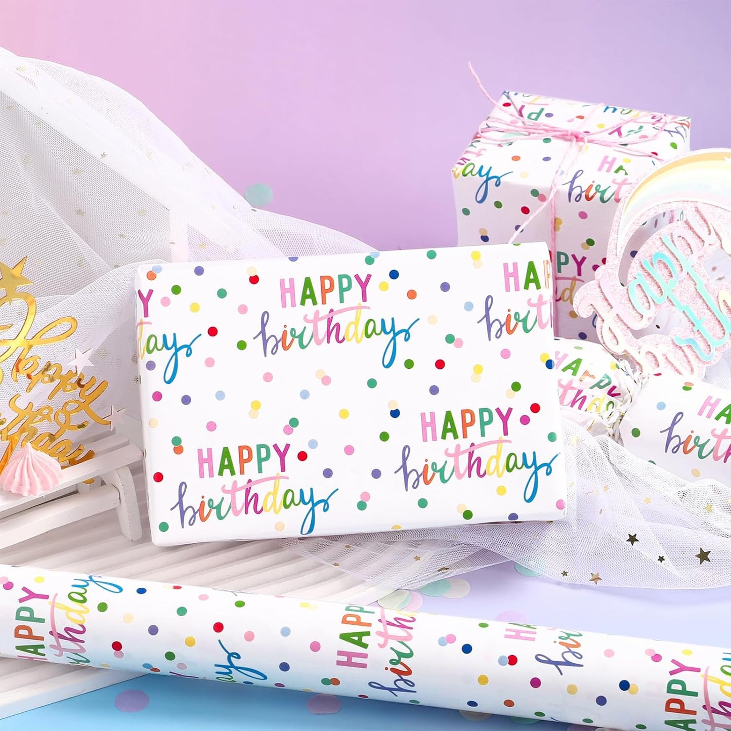 LeZakaa Birthday Wrapping Paper Roll, Happy Birthday Lettering & Colored Polka Dots Design in White for Holiday, Party, Baby Shower, 17 inches x 32.8 Feet (46.45 sq.ft.)