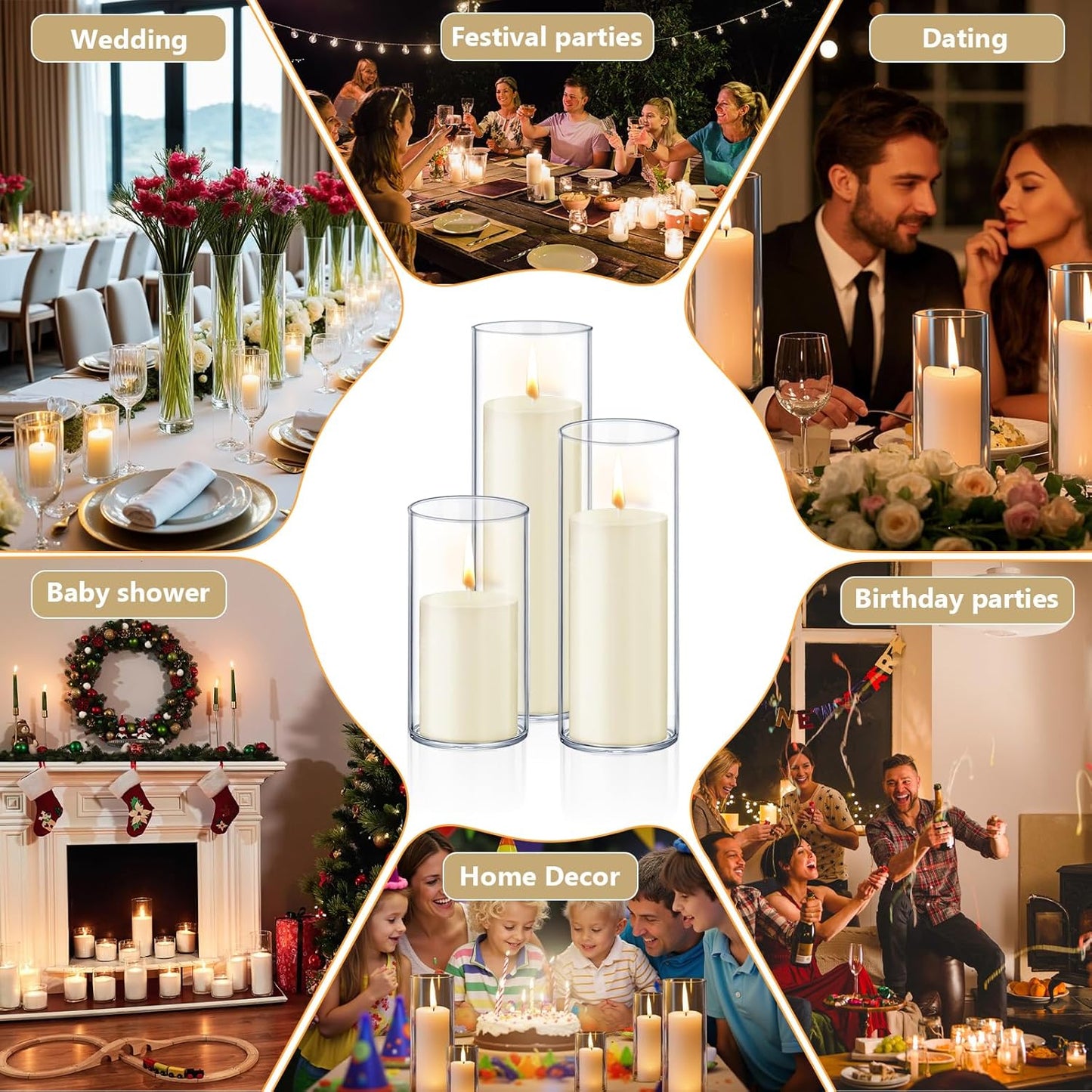 36 PCS Ivory White Pillar Candles with Glass Candle Holders Clear Hurricane Candle Holders Glass Cylinder Vases for Centerpieces Wedding Party, Event, Home Office (18 Candles+18 Candle Hoders)