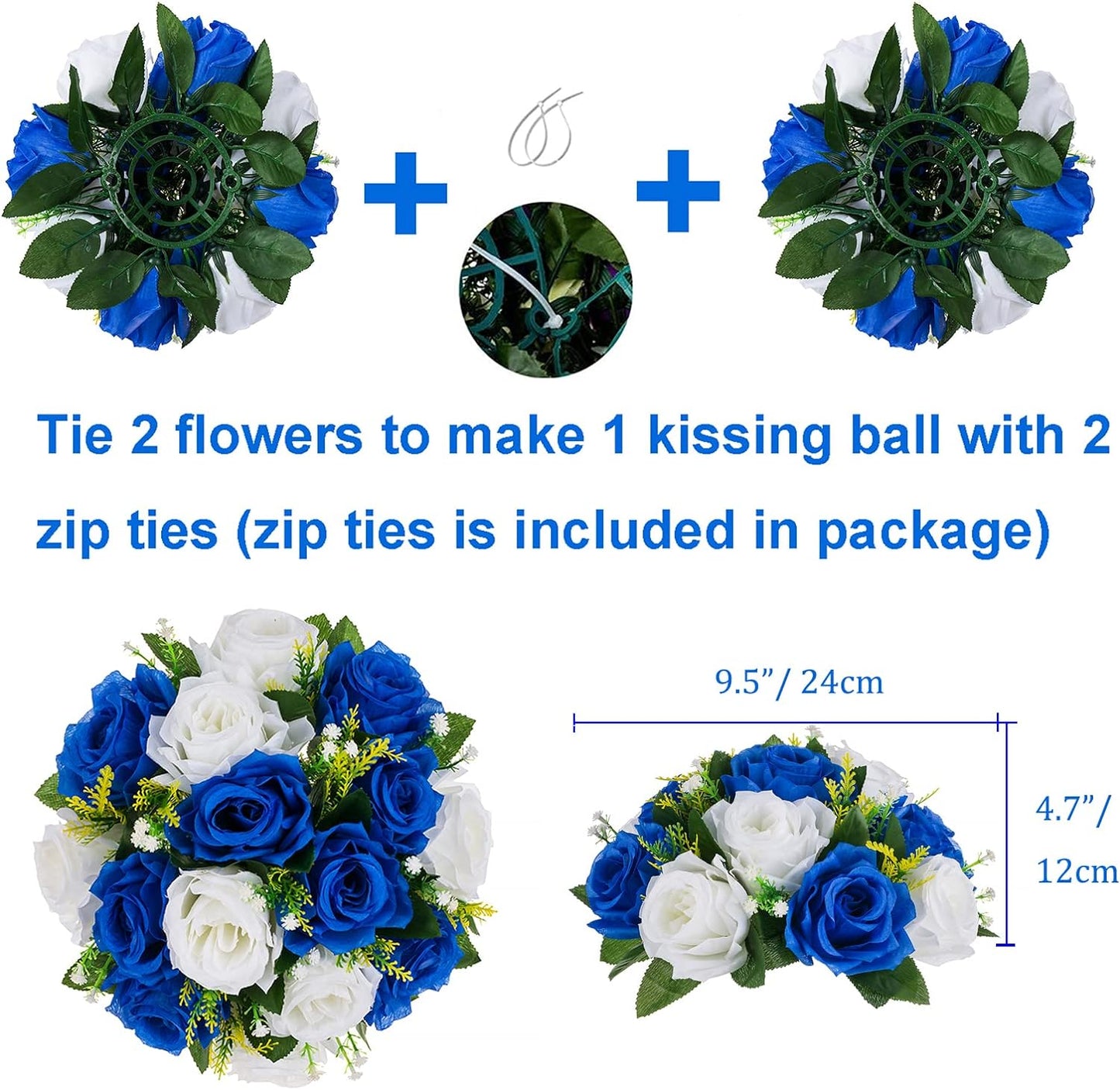 BLOSMON Royal Blue White Flowers: 2 Pcs Fake Roses Flower Balls Centerpiece for Wedding Table - Artificial Silk Kissing Bouquet Floral Arrangement for Home Party Event Decor