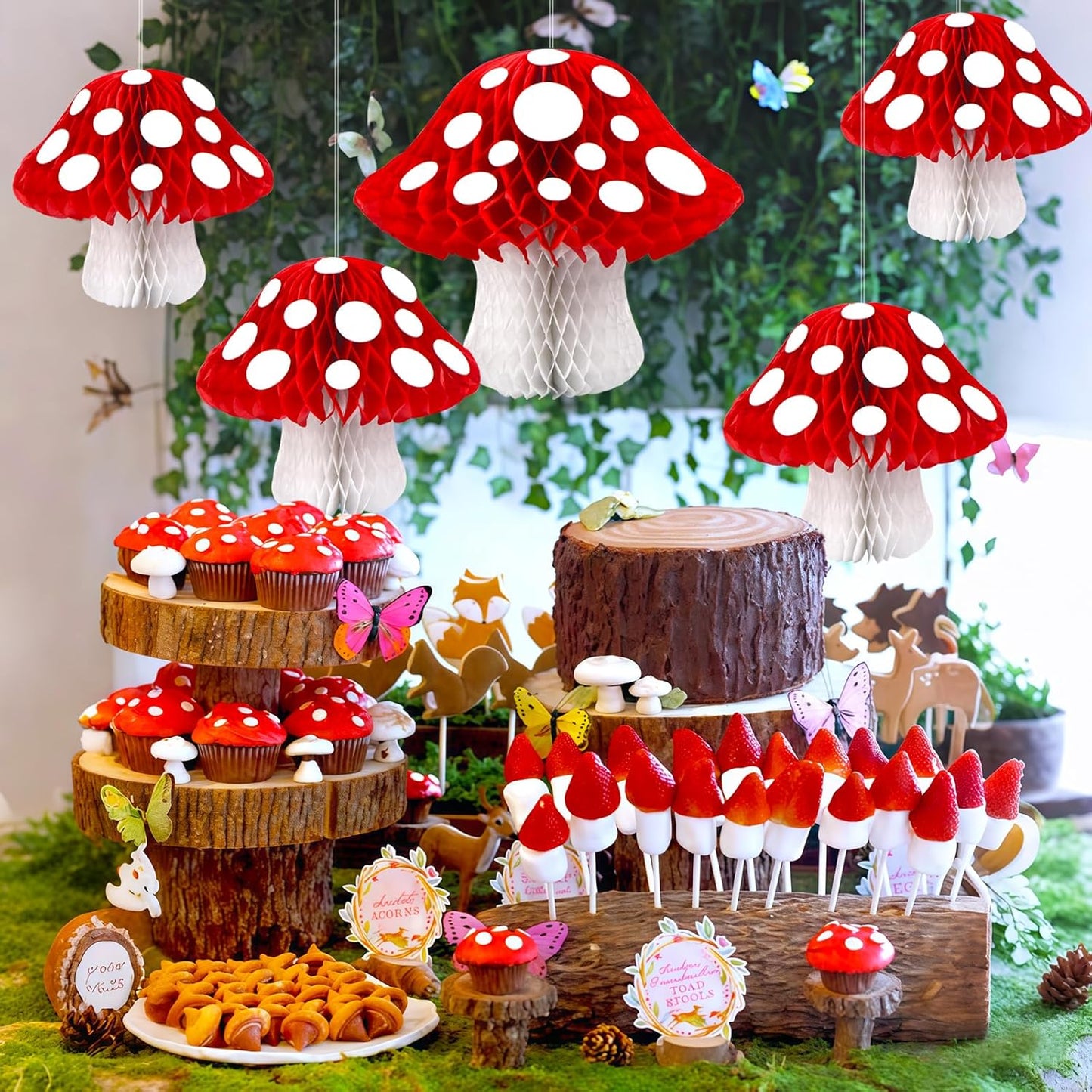 8PCS Mushroom Honeycomb Decor Mushroom Shaped Tissue Paper Pom Decorations for Jungle Wonderland Themed Birthday Party 3D Mushroom Honeycomb Centerpiece for Fairy Baby Shower Garden Decoration