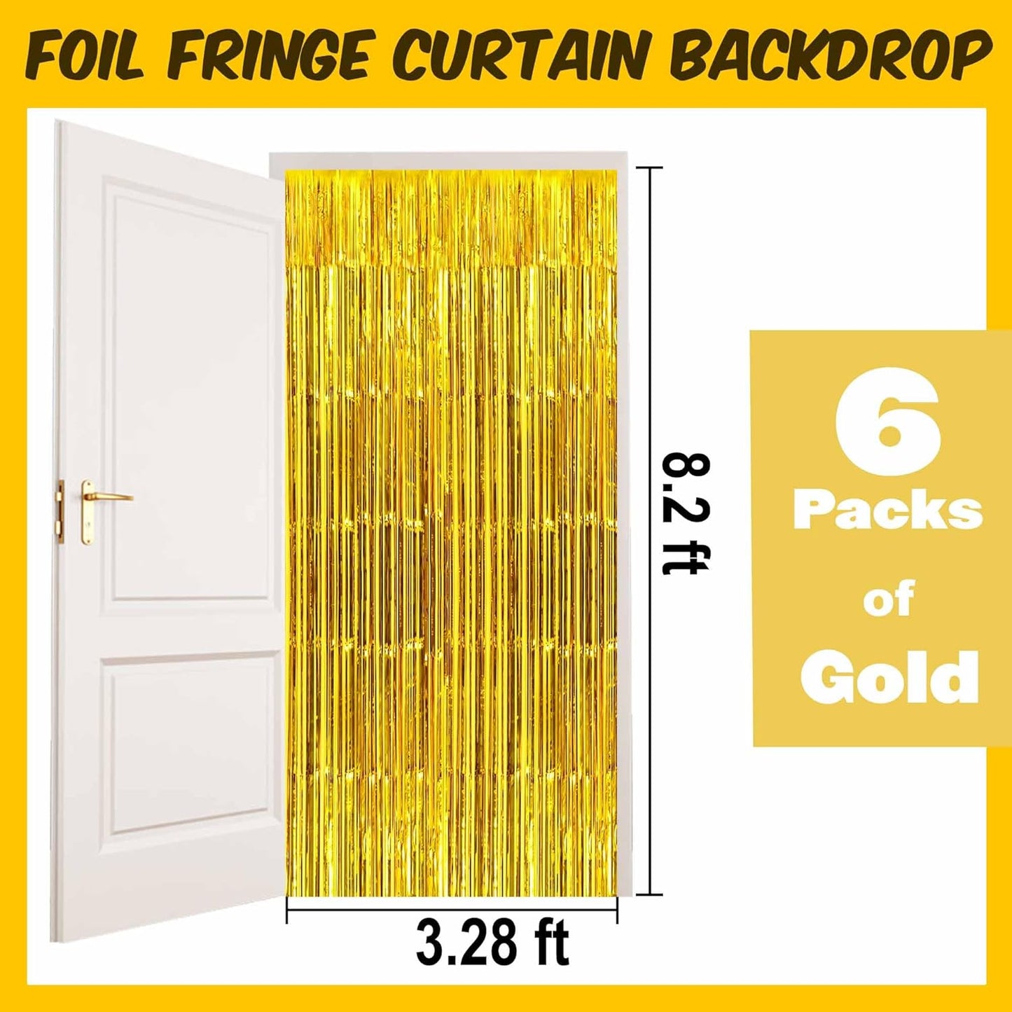 6 Pack Gold Foil Fringe Curtains Backdrop, 3.28 x 8.2 Ft Metallic Streamers Tinsel Curtains Background for Photo Booth, Birthday, Weddings, Carnivals, Graduation, Themed Party Decorations