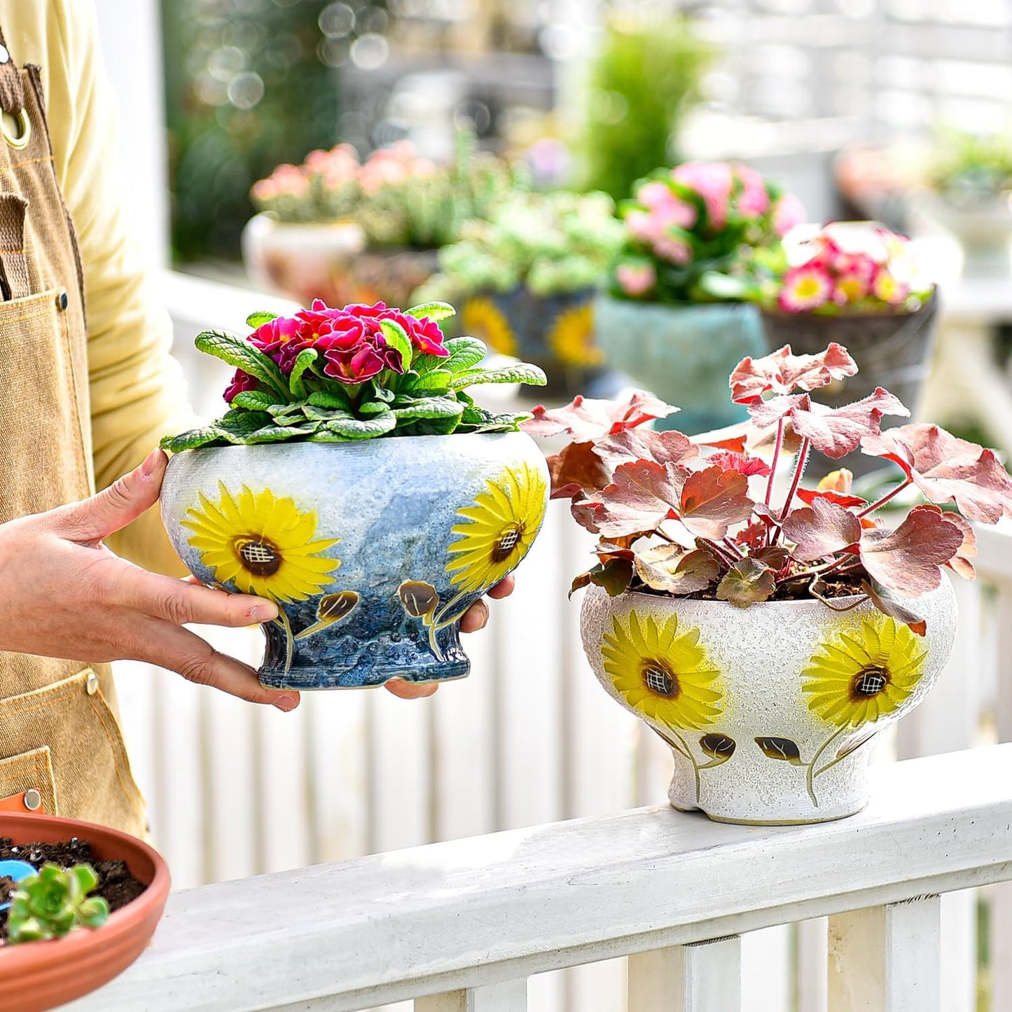 Sungmor Small Succulent Planters Set of 2, Beautiful Hand Crafted Ceramic Plant Pots Cute Cactus Pot, 6.5 Inch Flower Pots for Indoor Plants with Drainage, Desktop Windowsill Home Office Decor Pots