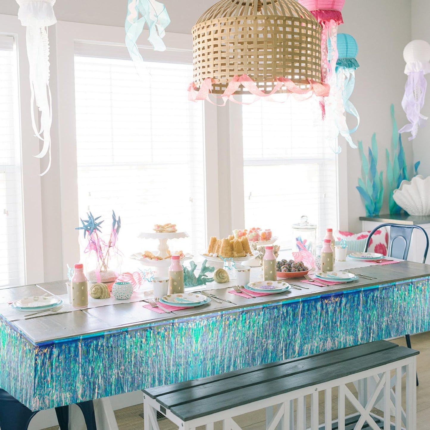 Iridescent Birthday Decorations Tinsel Garland Parade Float Decorations for Trailer 4Pack 12FT Christmas Party Decor Ceiling Fringe Banner Silver Backdrop for Streamers Party Decorations