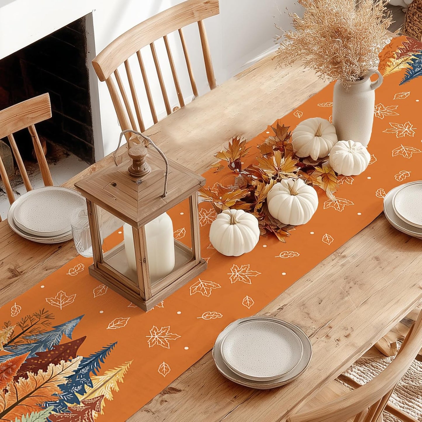 GEEORY Fall Watercolor Trees & Maple Leaves Table Runner 13x108 Inch, Rustic Farmhouse Autumn Thanksgiving Decor for Kitchen, Dining, Indoor/Outdoor Holiday Dinner Party Orange GT158-108