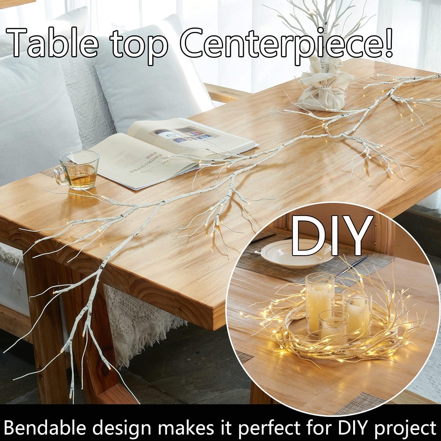 Fudios Lighted Birch Garland with Timer 48 LED Fairy Lights 6ft Battery Operated for Mantle Decor, Lit Christmas White Twig Garland Winter Home Wall Decoration Indoor Outdoor Use 1 Set